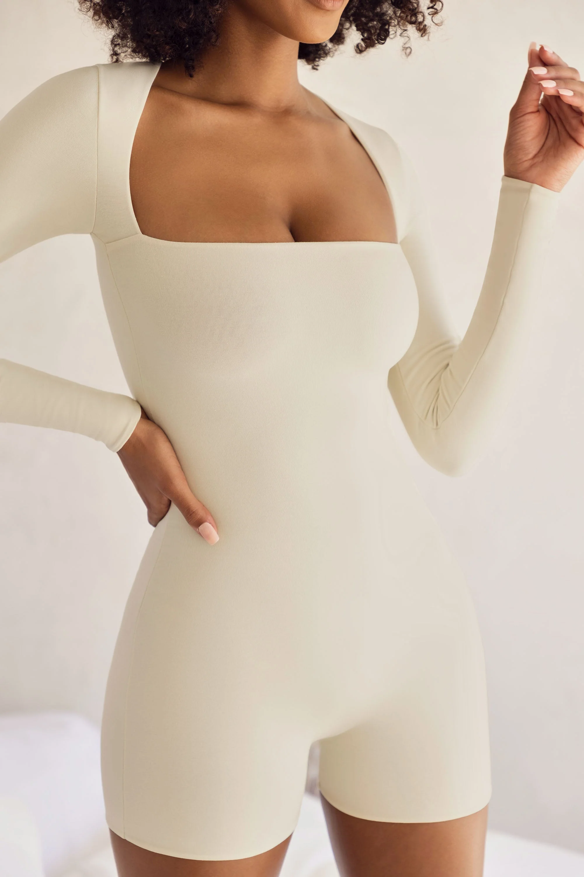 Long Sleeve Square Neck Unitard in Ivory - Image 3