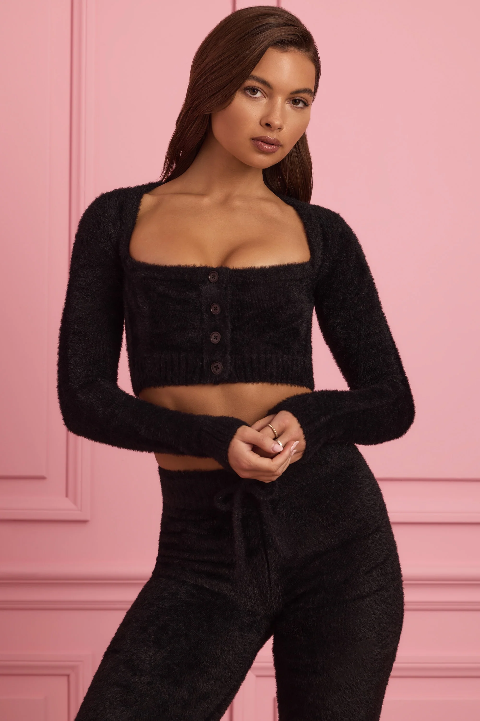 Fluffy Knit Cropped Cardigan in Black - Image 5