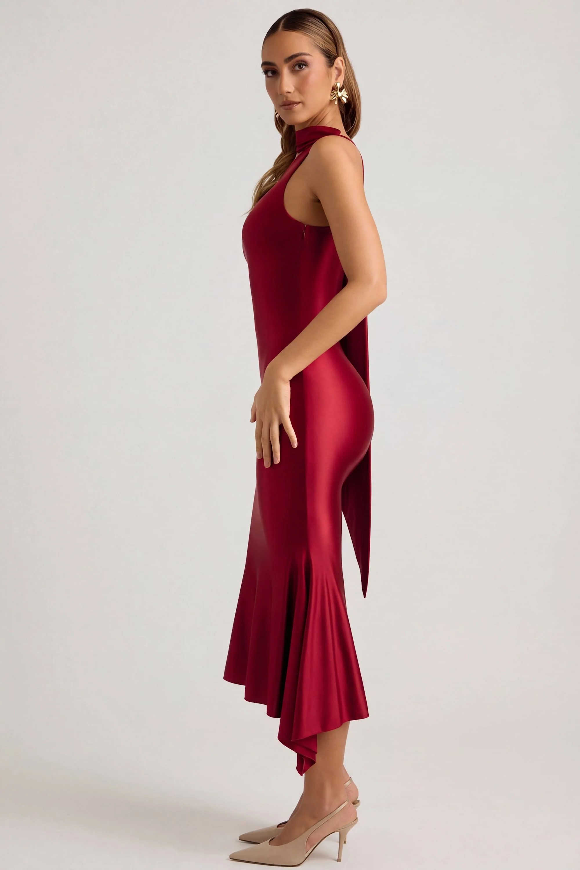 Asymmetric Scarf-Detail Midaxi Dress in True Red - Image 8