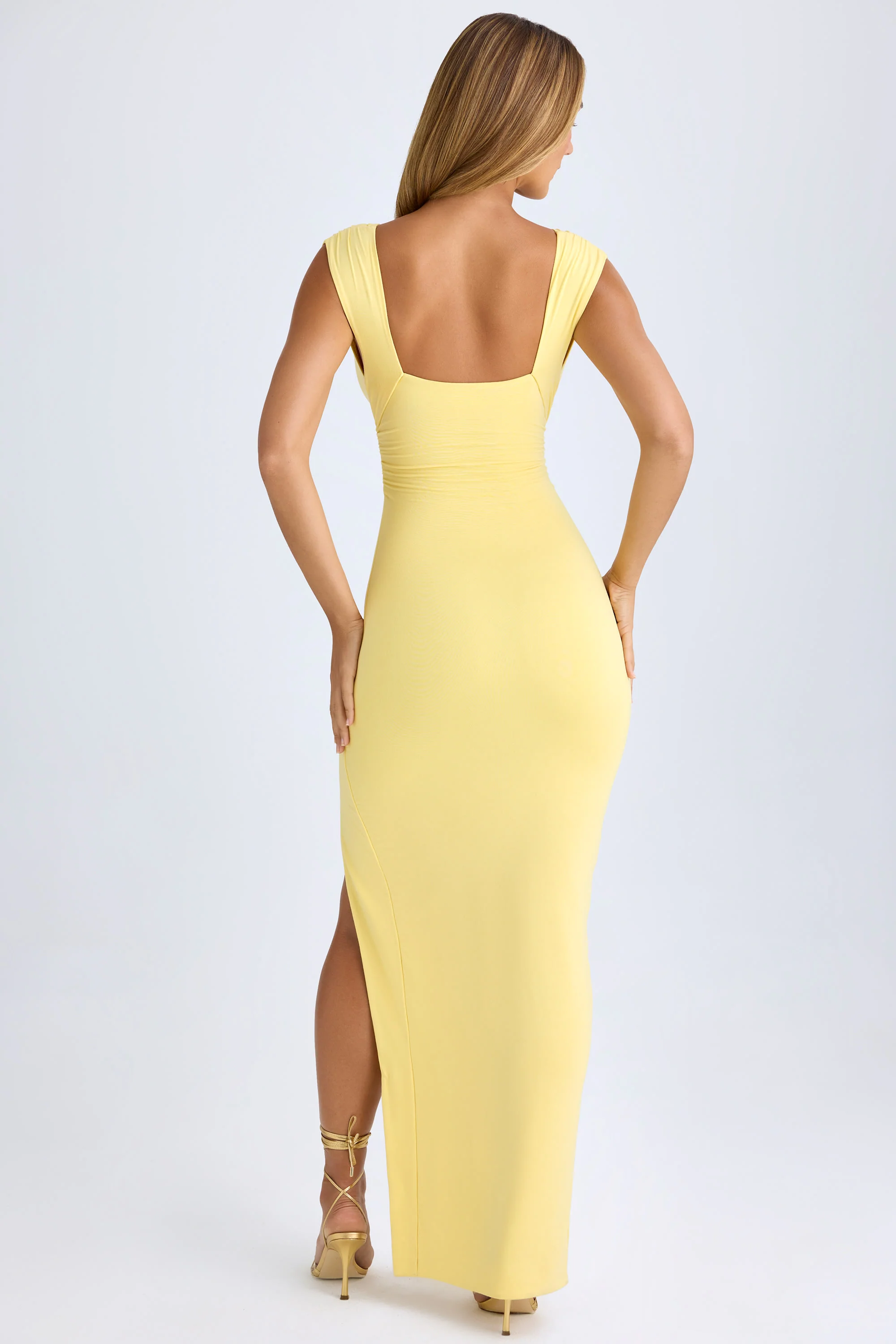Modal Plunge-Neck Thigh-Split Maxi Dress in Lemon Sherbet - Image 3
