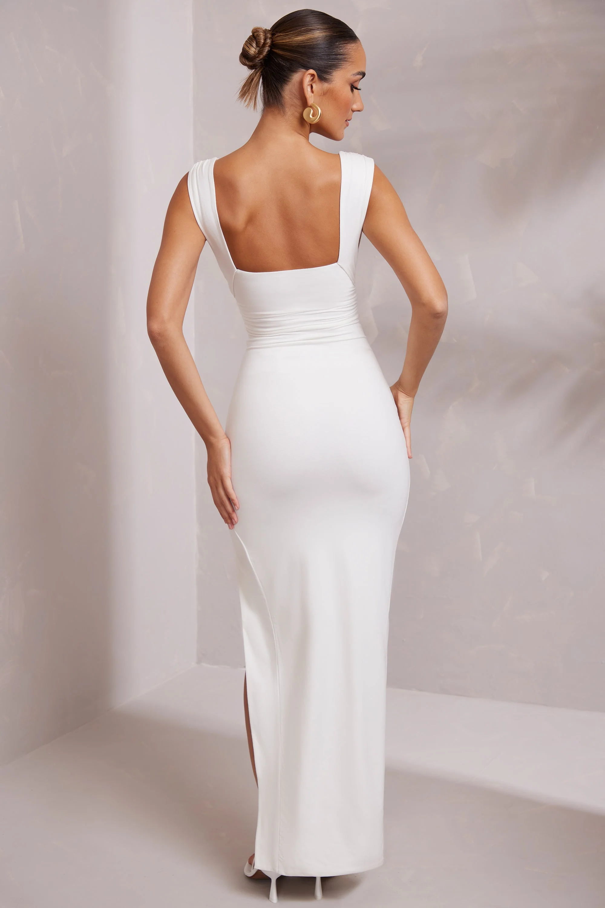 High Split Plunge Neck Maxi Dress in White - Image 4