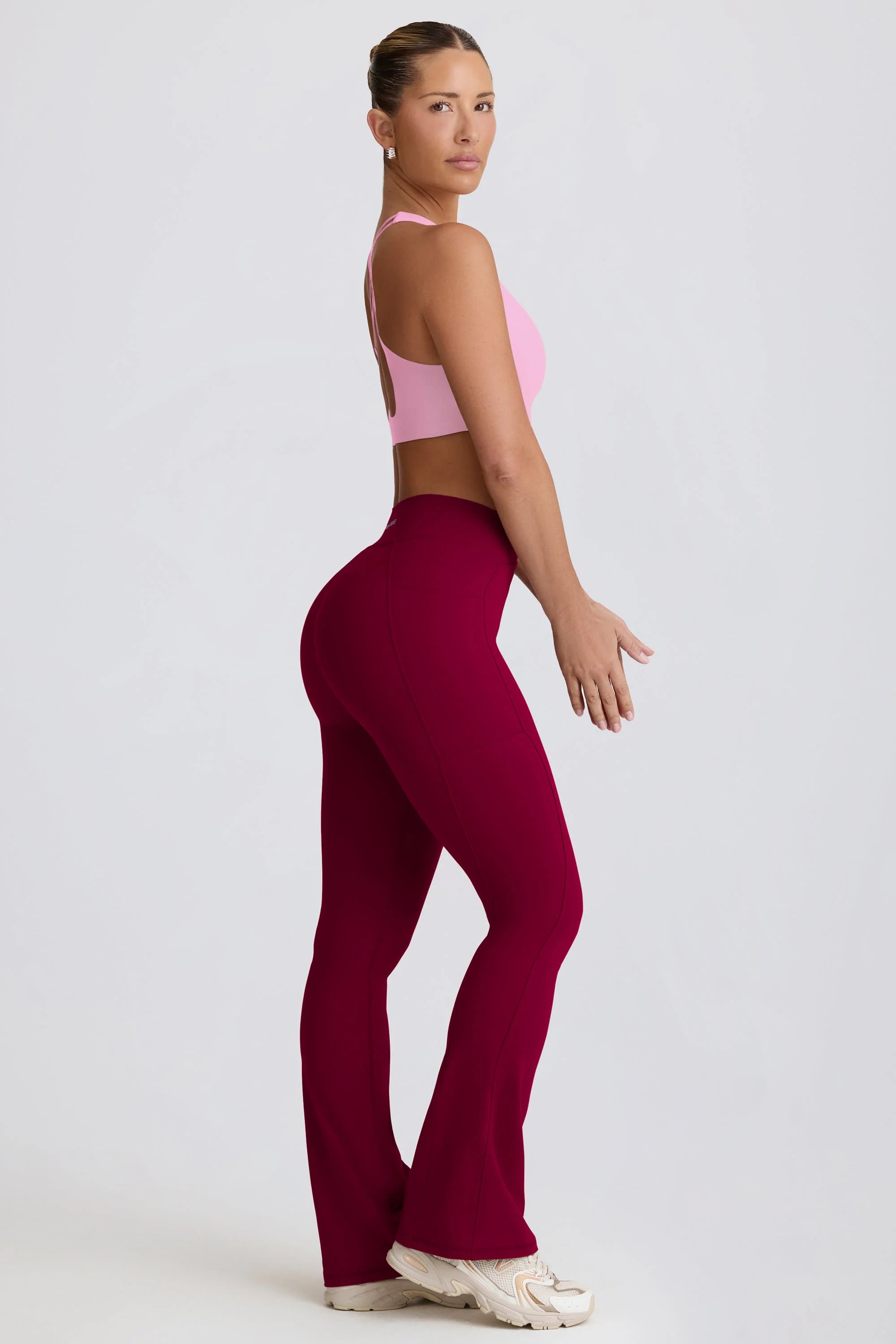 Soft Active V-Waist Pocket Flared Leggings in Burgundy - Image 3