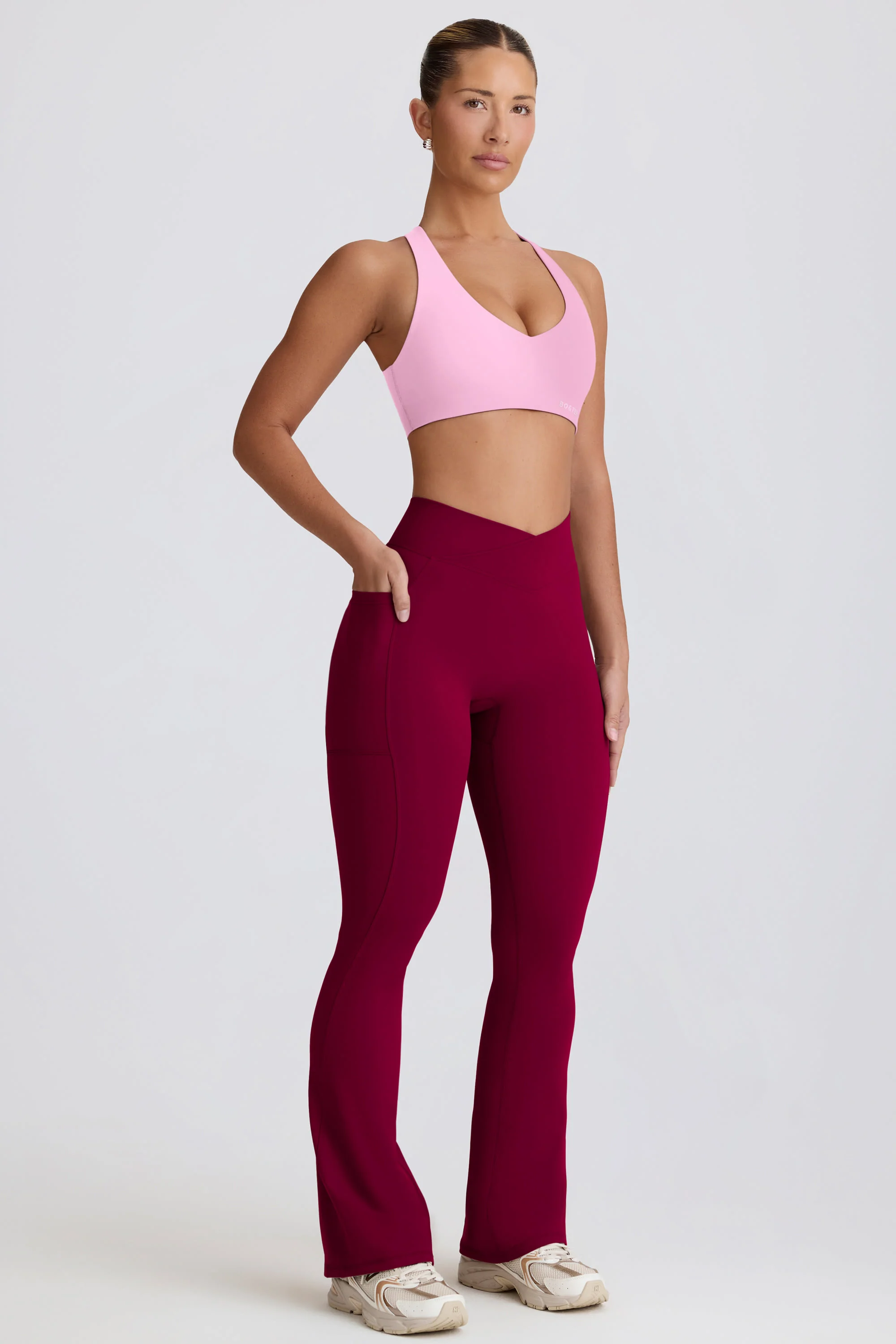 Soft Active V-Waist Pocket Flared Leggings in Burgundy - Image 6