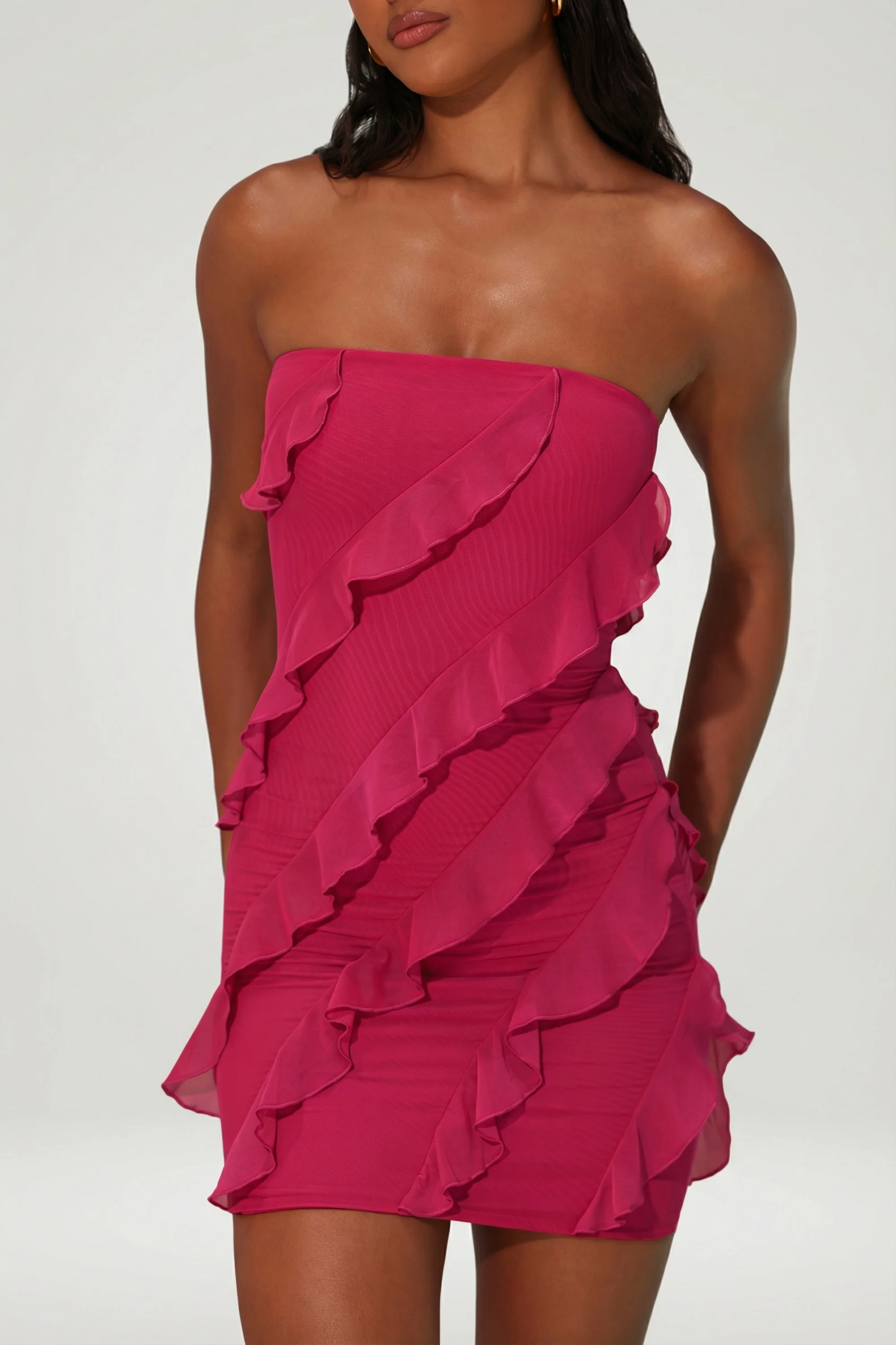 Bandeau Ruffle Detail Mini Dress in Fuchsia - Image 4
