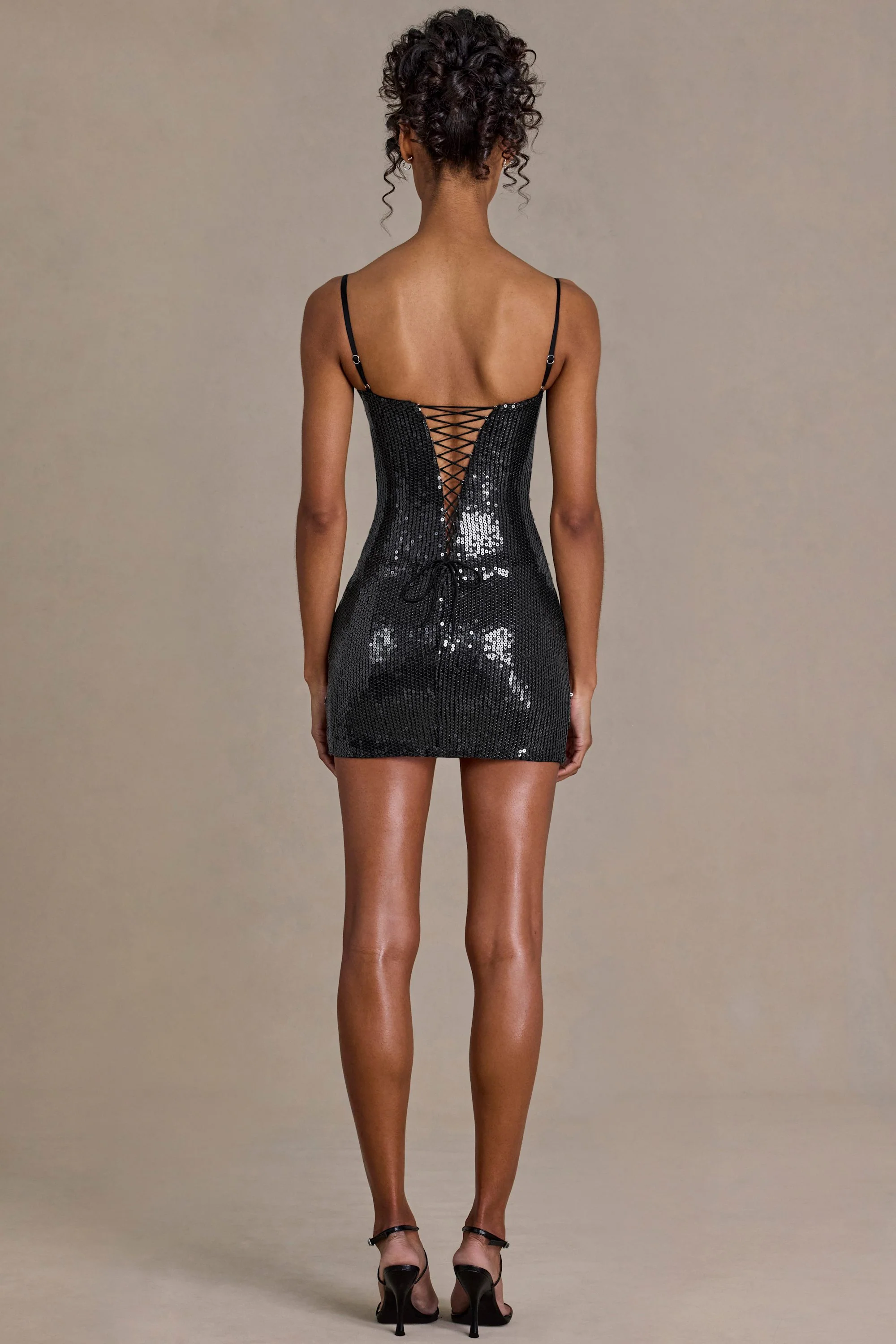 Premium Sequin Lace Corset Mini Dress in Black - Image 3