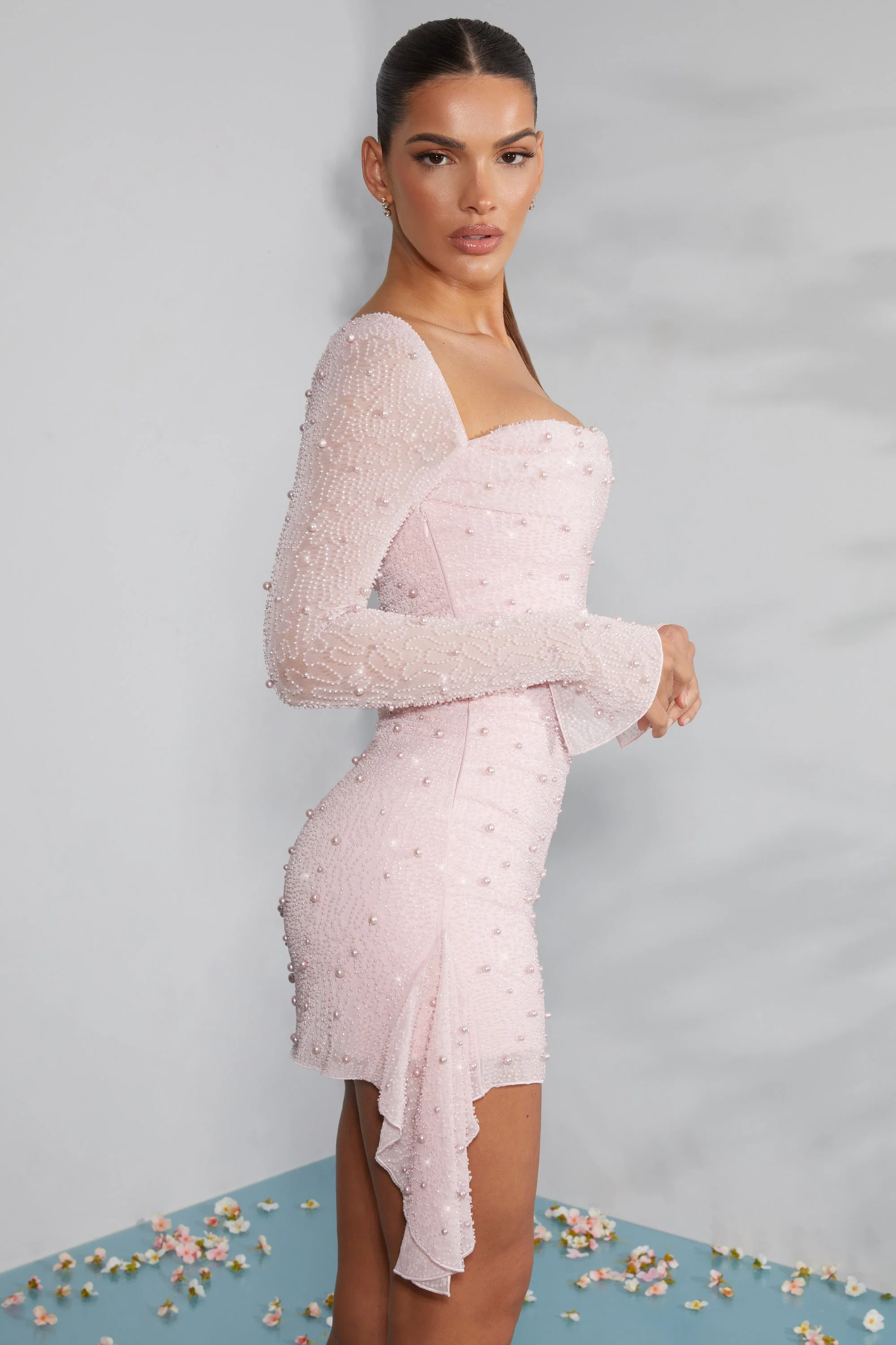 Long Sleeve Embellished Cowl Neck Mini Dress in Blush - Image 3