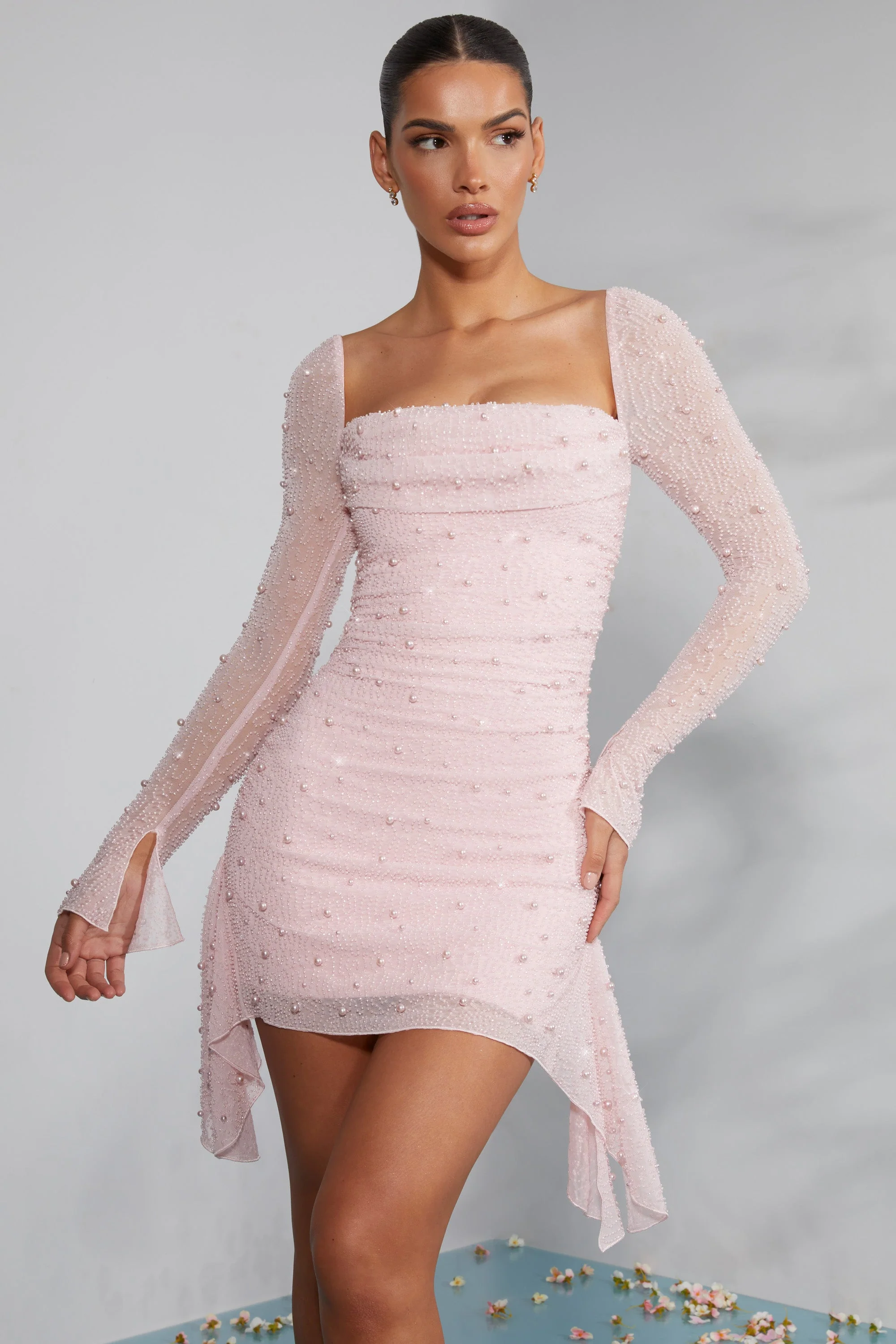 Long Sleeve Embellished Cowl Neck Mini Dress in Blush - Image 7
