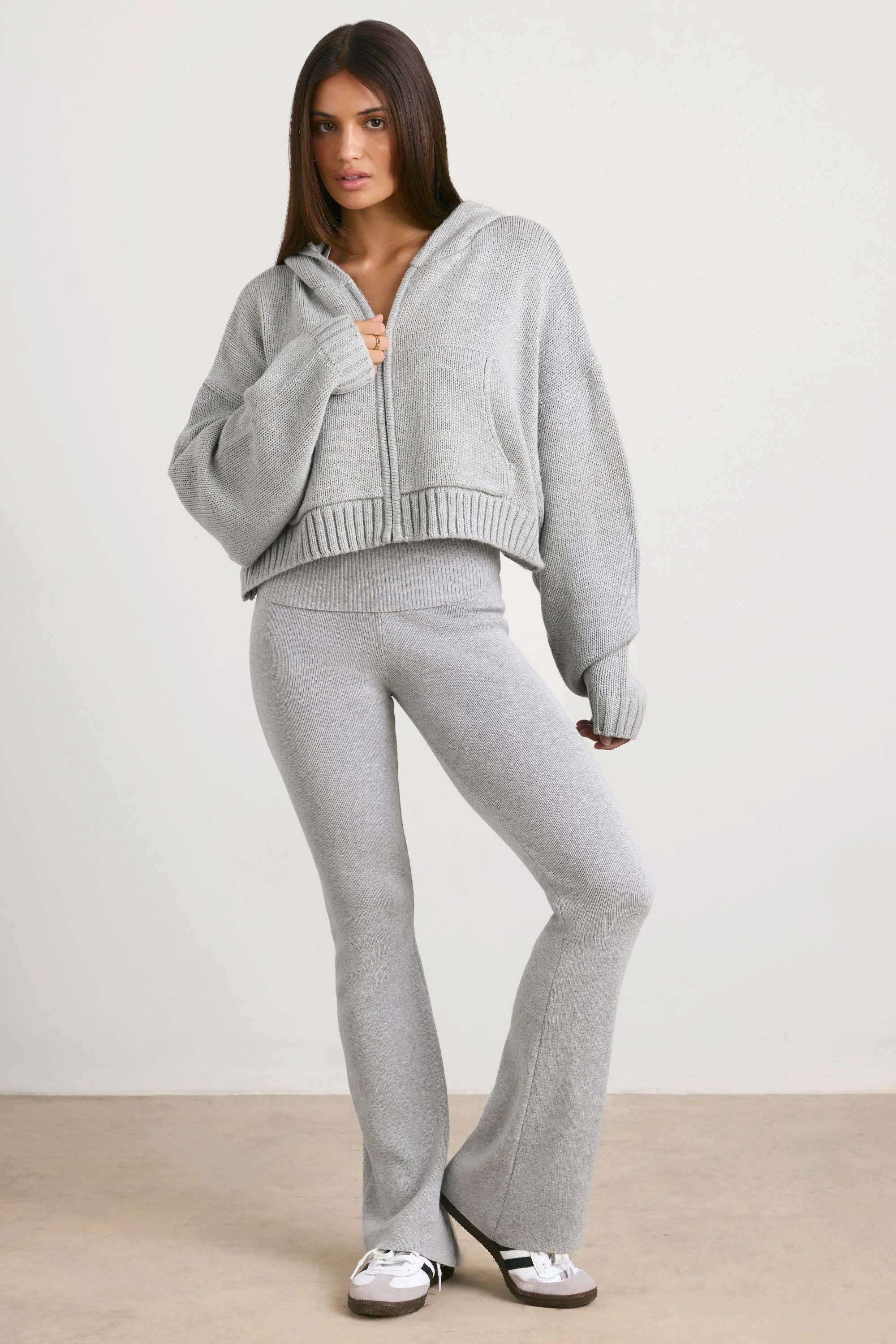 Cropped Zip Up Chunky Knit Hoodie in Heather Grey - Image 10