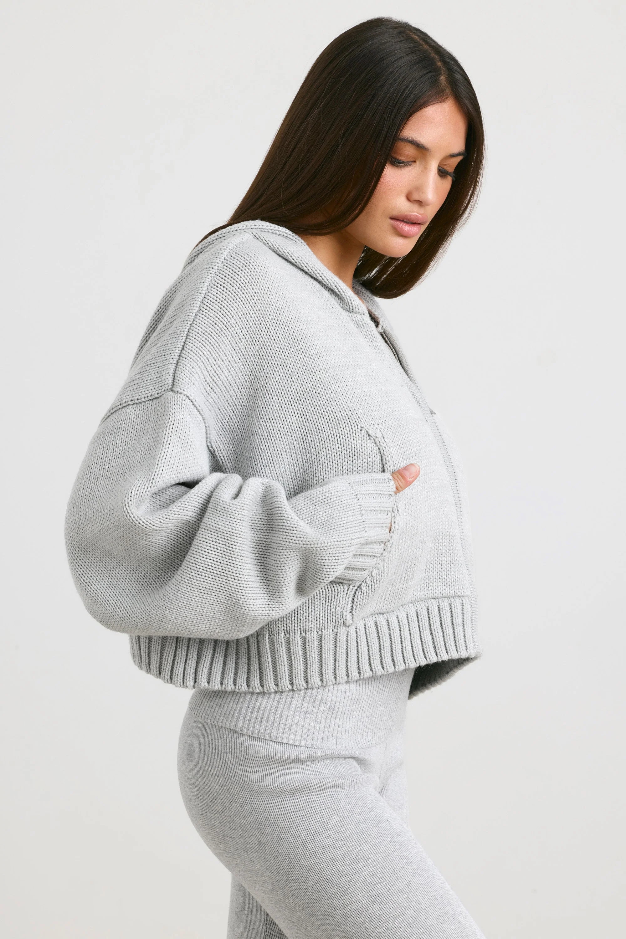 Cropped Zip Up Chunky Knit Hoodie in Heather Grey - Image 3