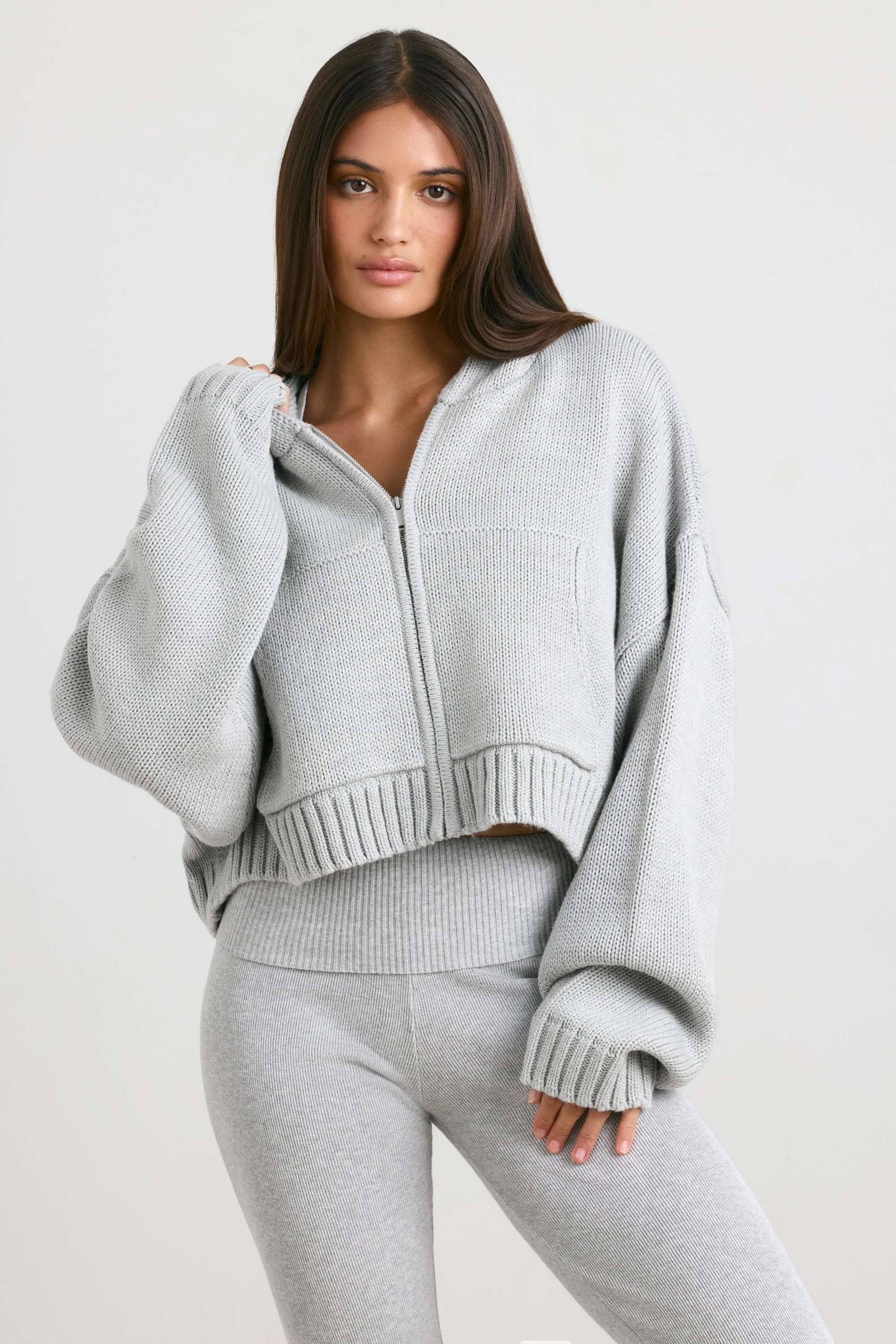 Cropped Zip Up Chunky Knit Hoodie in Heather Grey - Image 5