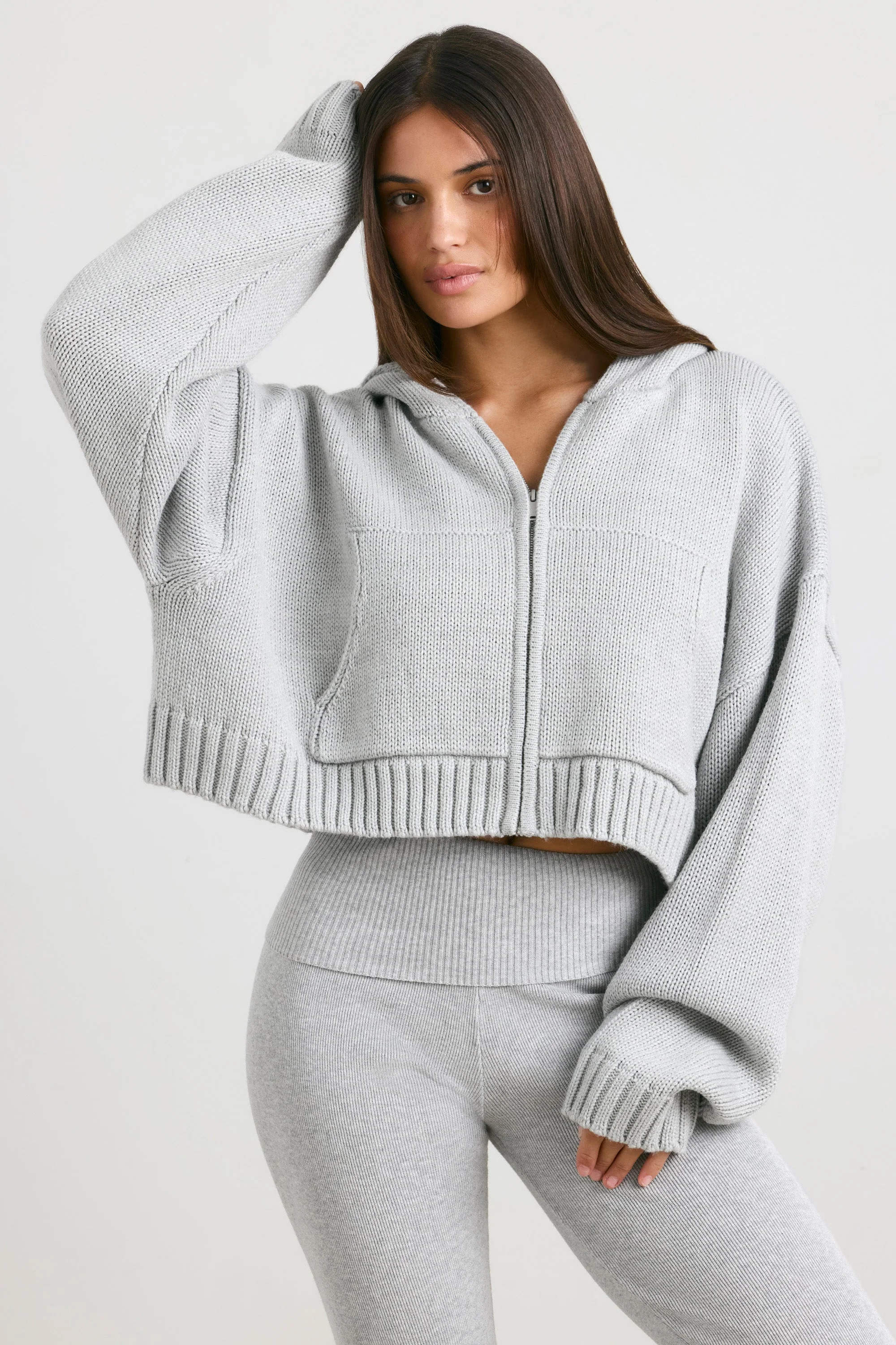 Cropped Zip Up Chunky Knit Hoodie in Heather Grey - Image 6