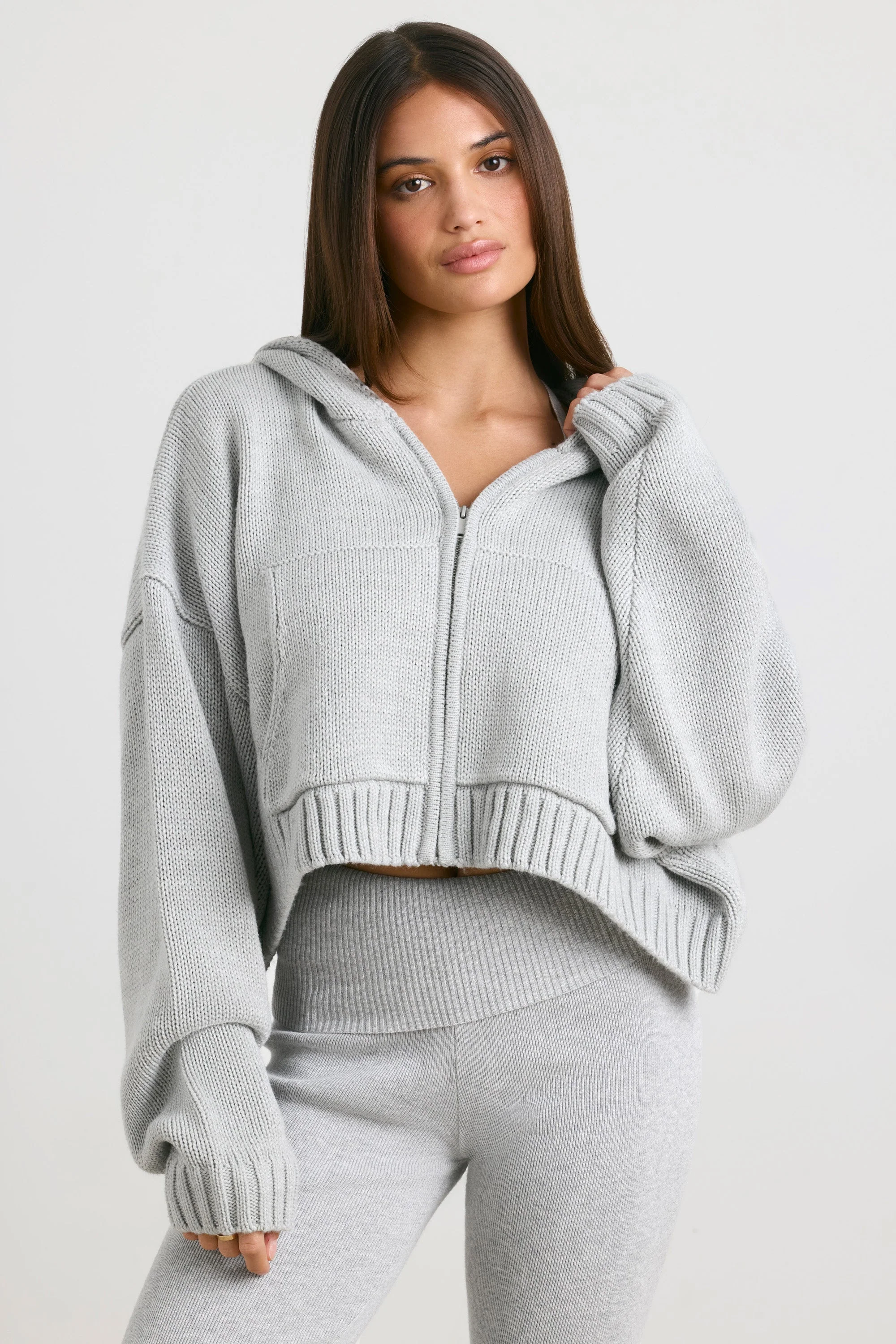 Cropped Zip Up Chunky Knit Hoodie in Heather Grey - Image 7