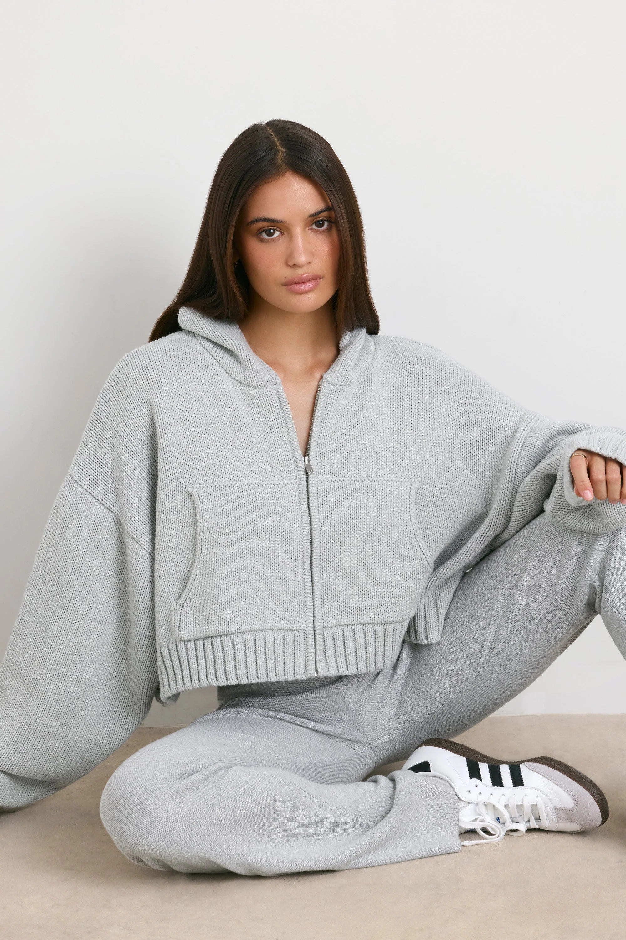 Cropped Zip Up Chunky Knit Hoodie in Heather Grey - Image 8