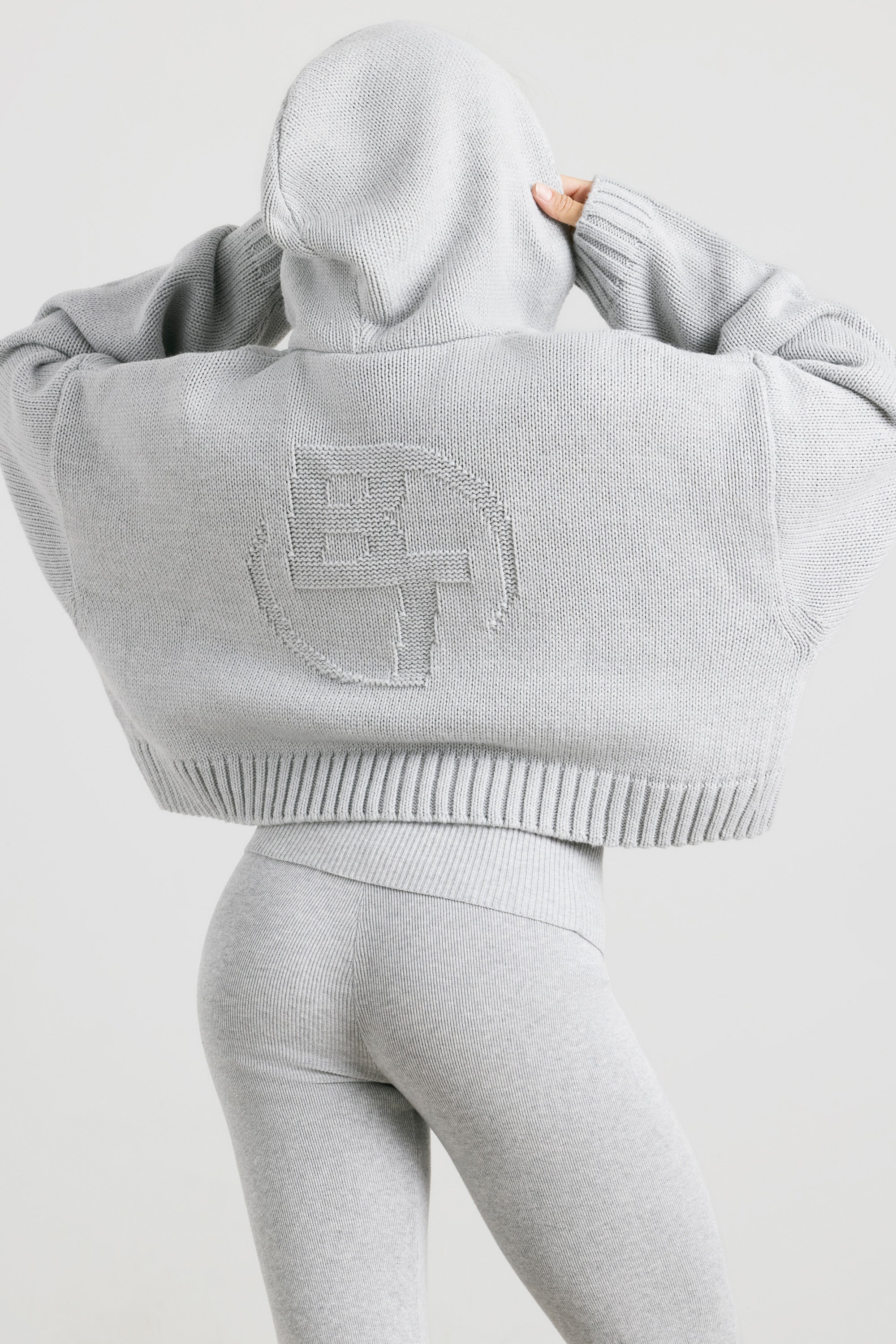 Cropped Zip Up Chunky Knit Hoodie in Heather Grey - Image 9