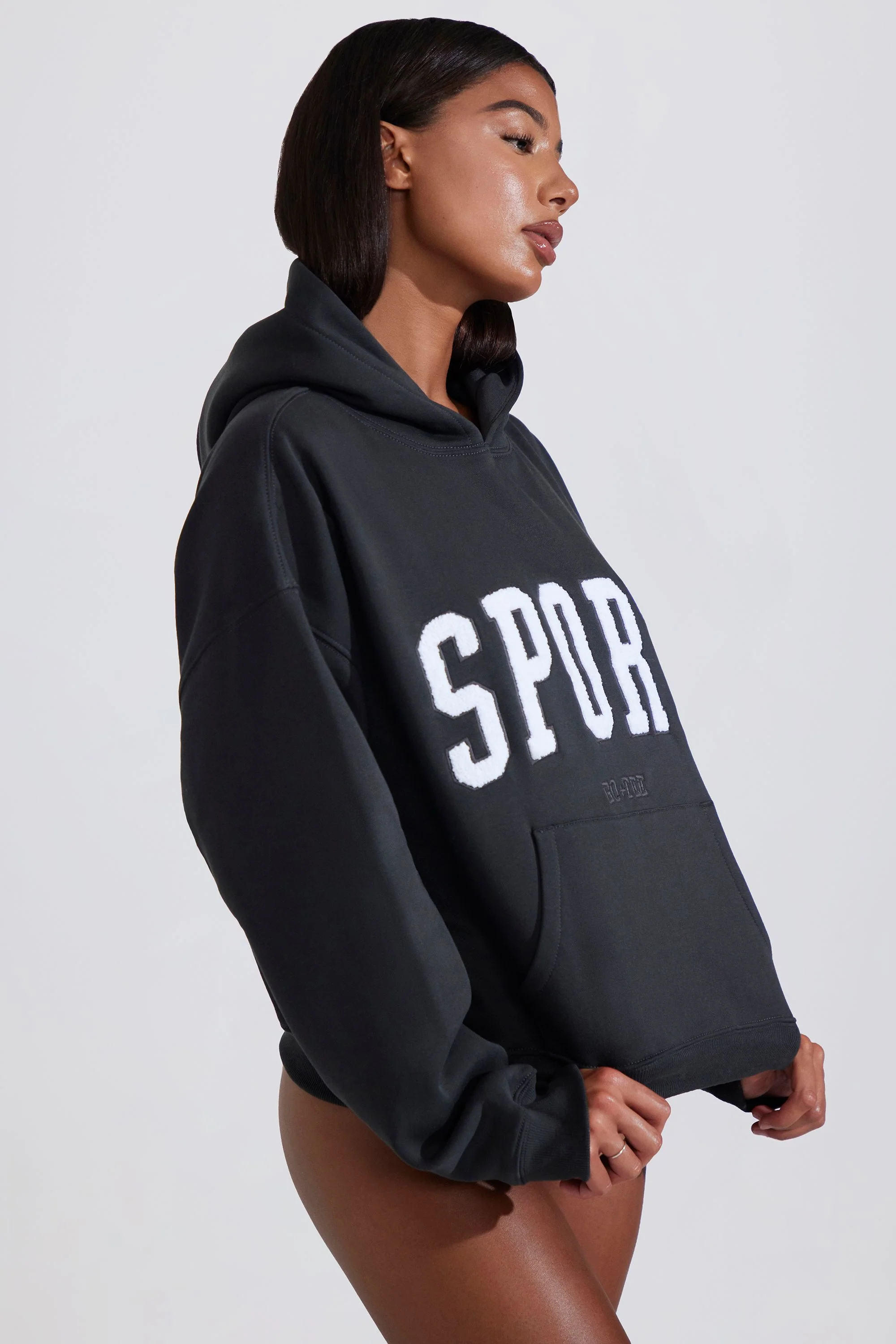 Soft Cotton Fleece Oversized Hoodie in Black - Image 3