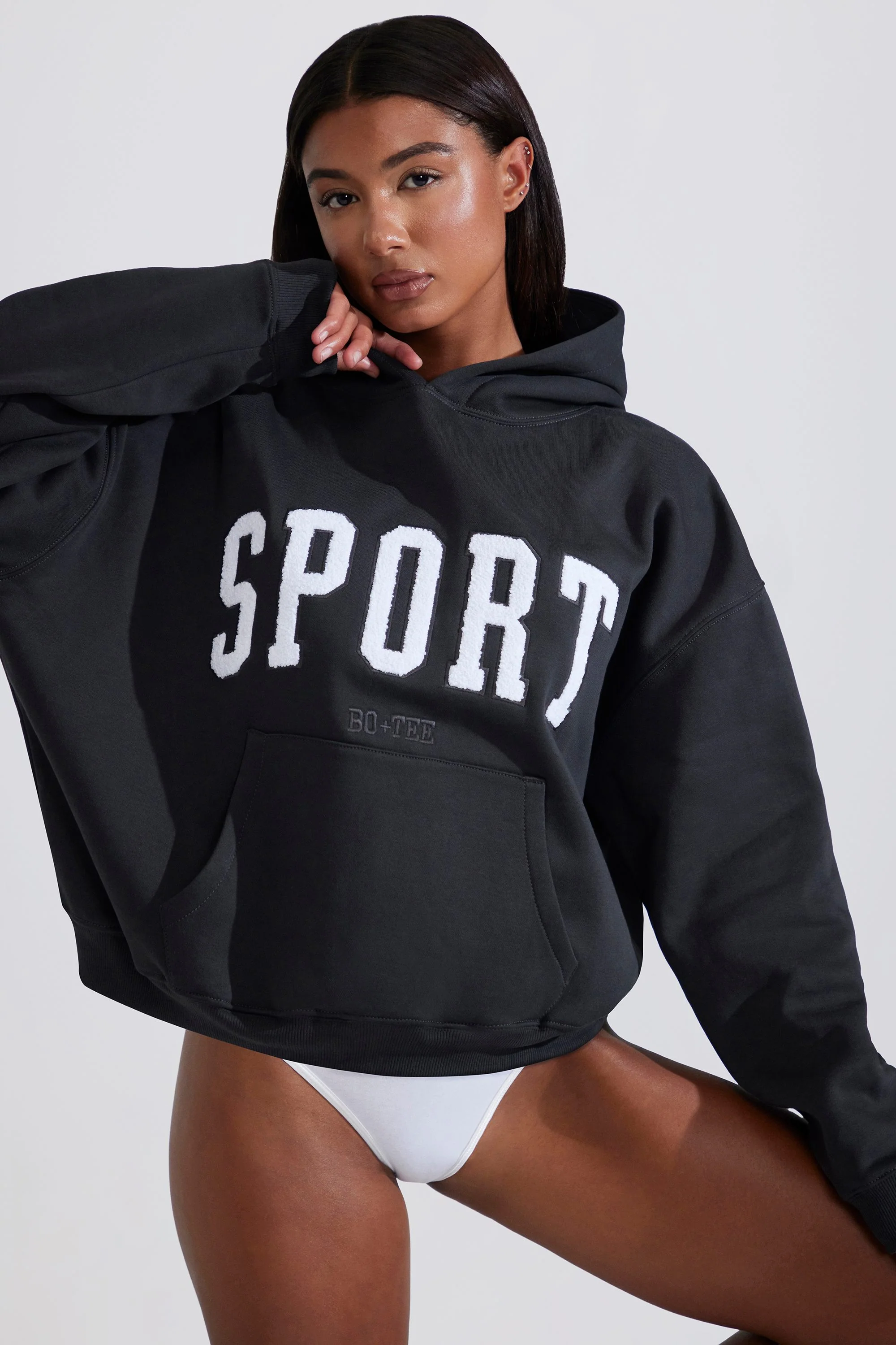 Soft Cotton Fleece Oversized Hoodie in Black - Image 5