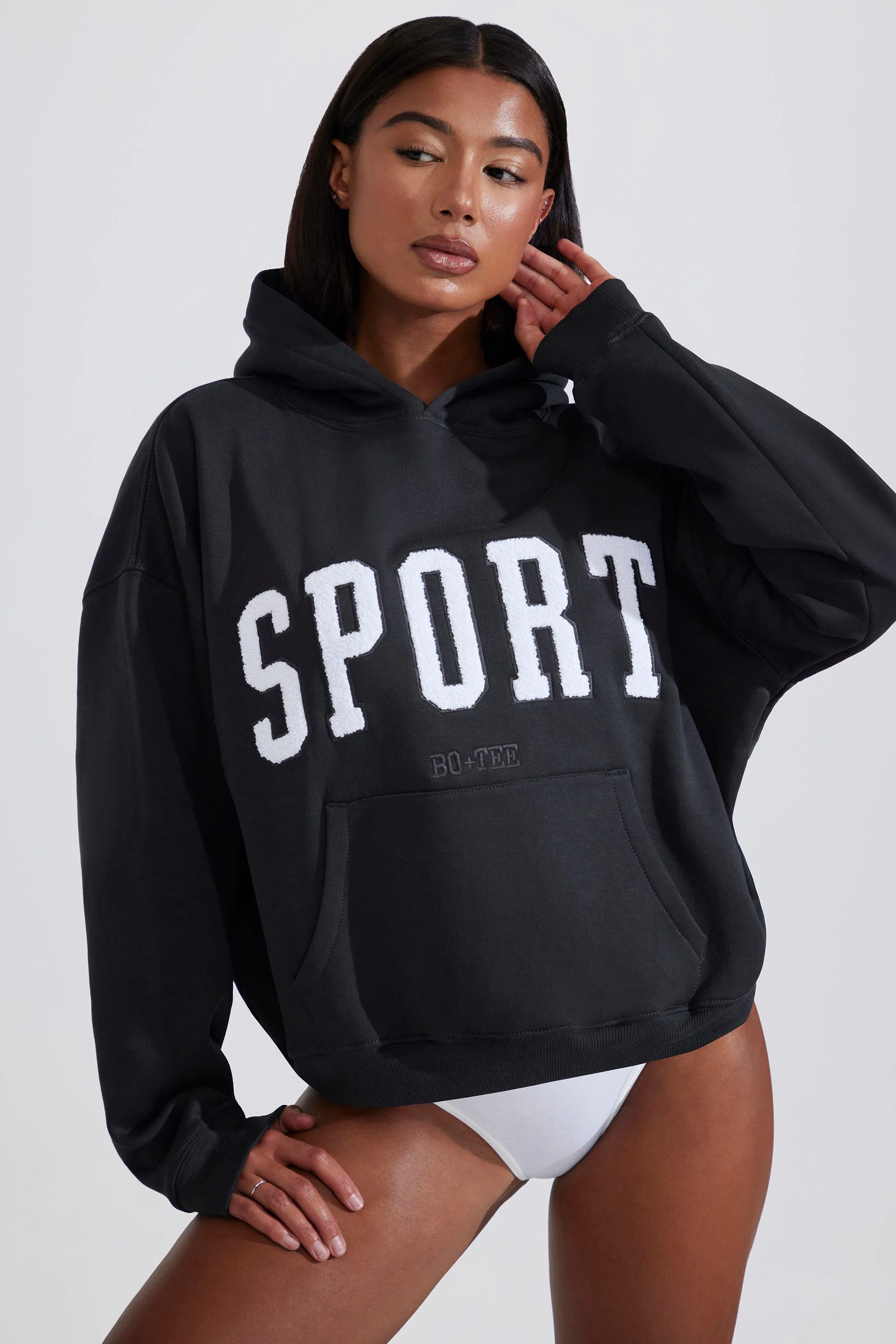 Soft Cotton Fleece Oversized Hoodie in Black - Image 6