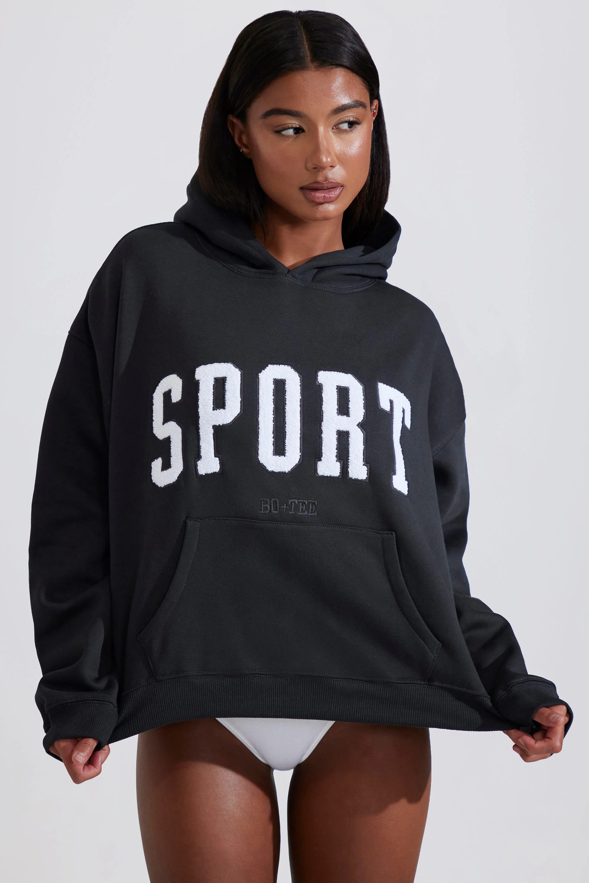 Soft Cotton Fleece Oversized Hoodie in Black - Image 8