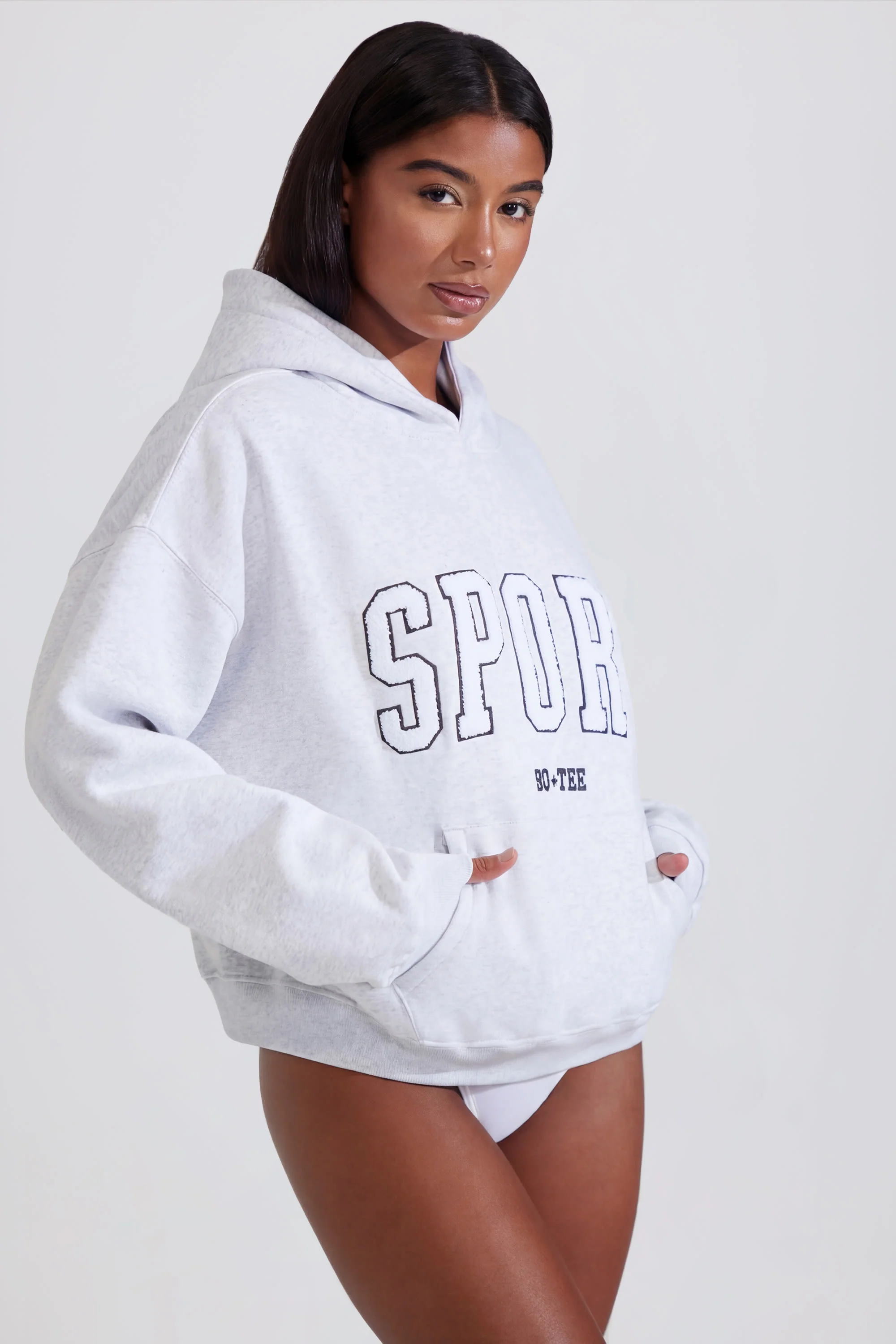 Soft Cotton Fleece Oversized Hoodie in Marl Grey - Image 3