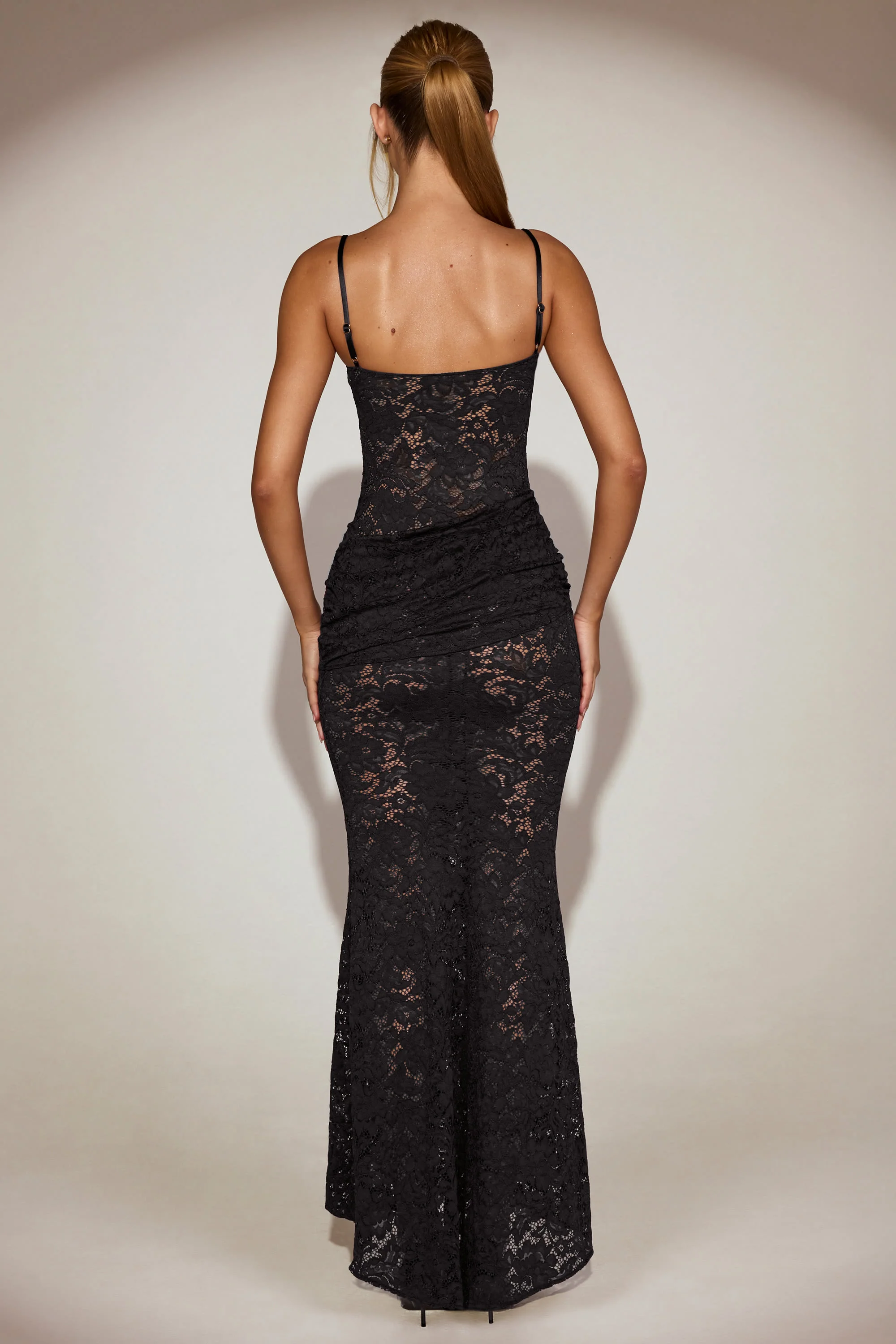 Sheer Lace Square-Neck Ruched Gown in Black - Image 7