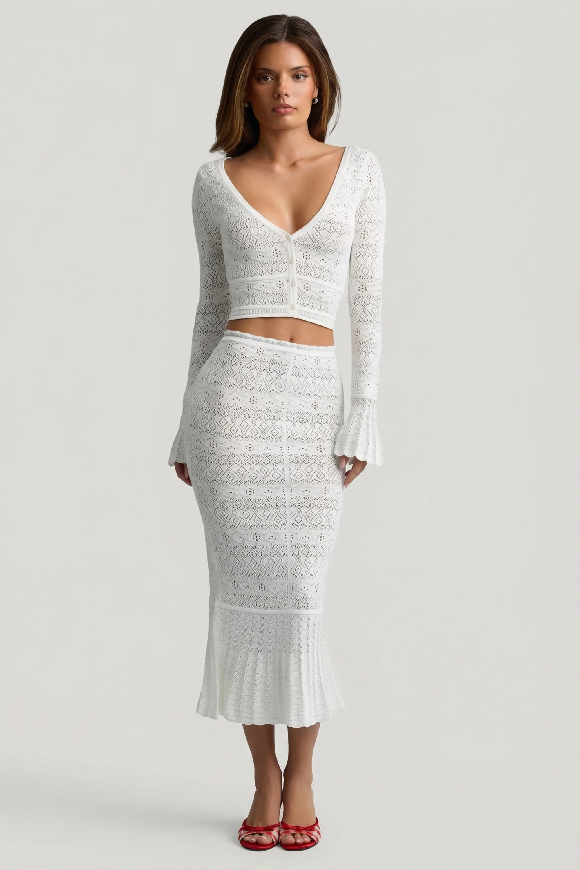 Ruffle-Trim Pointelle-Knit Midaxi Skirt in White - Image 4