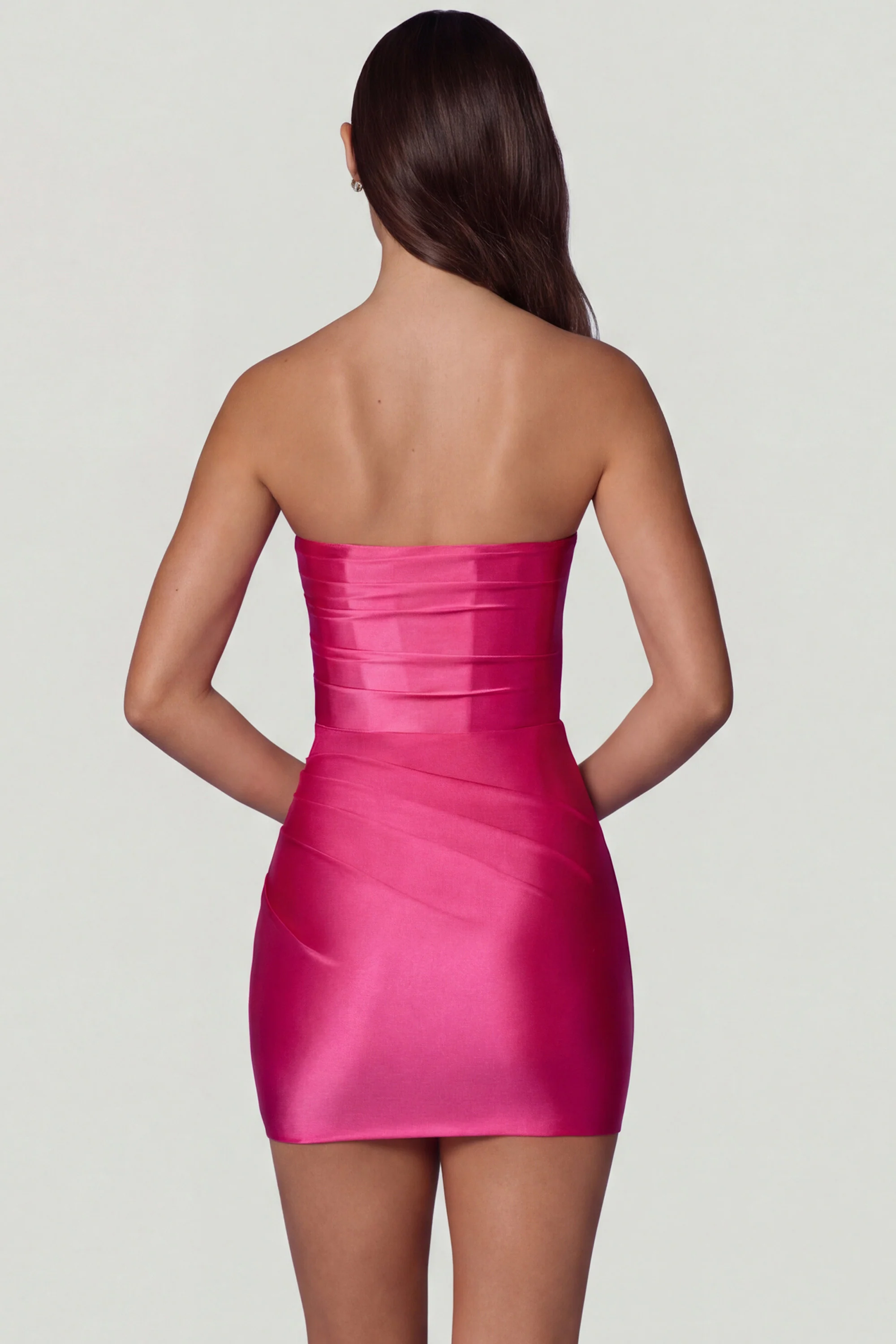 Ruched Bandeau Mini Dress in Hot Pink - Image 3