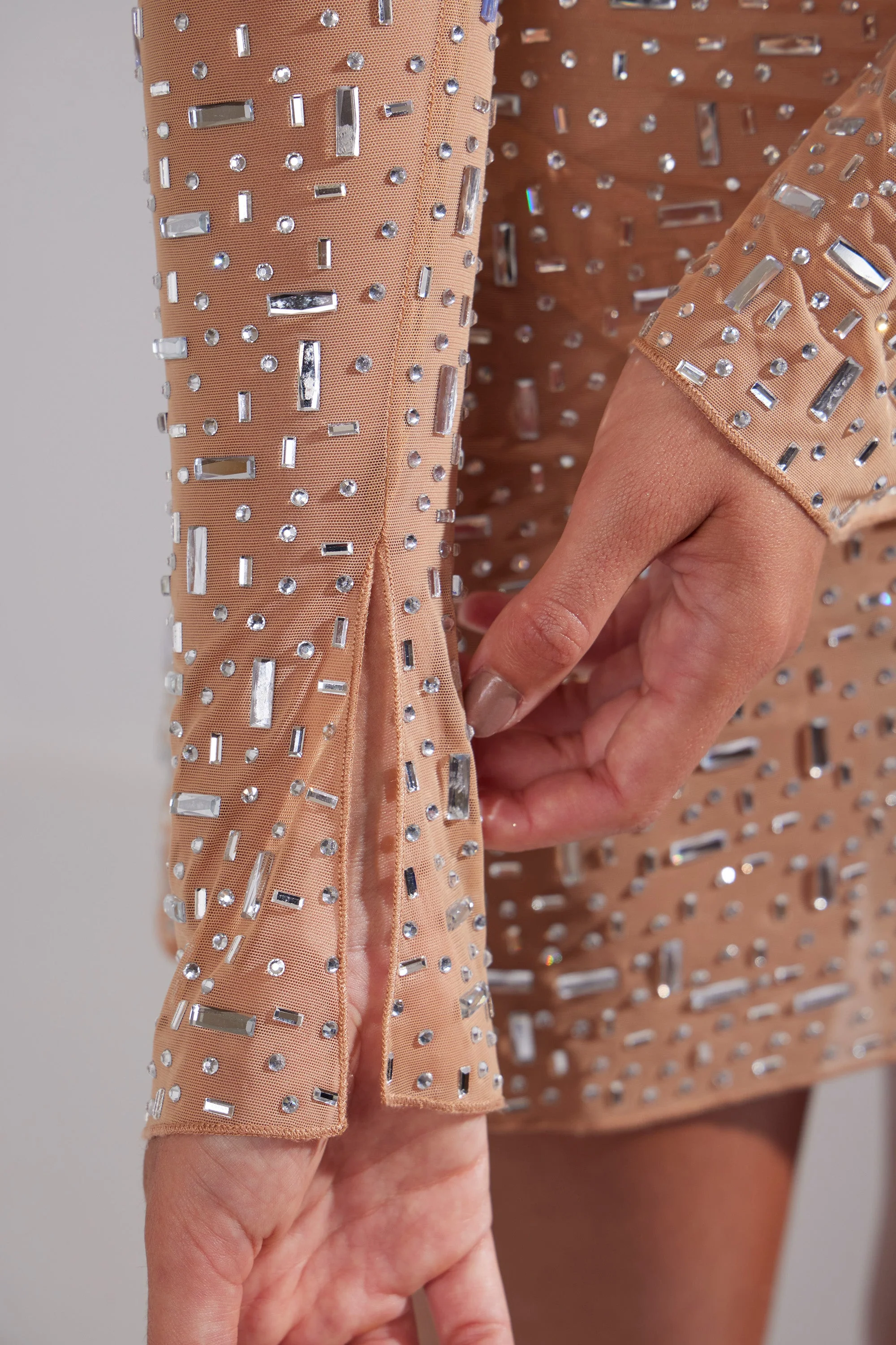 Sheer Embellished Long Sleeve A-Line Mini Dress in Almond - Image 5
