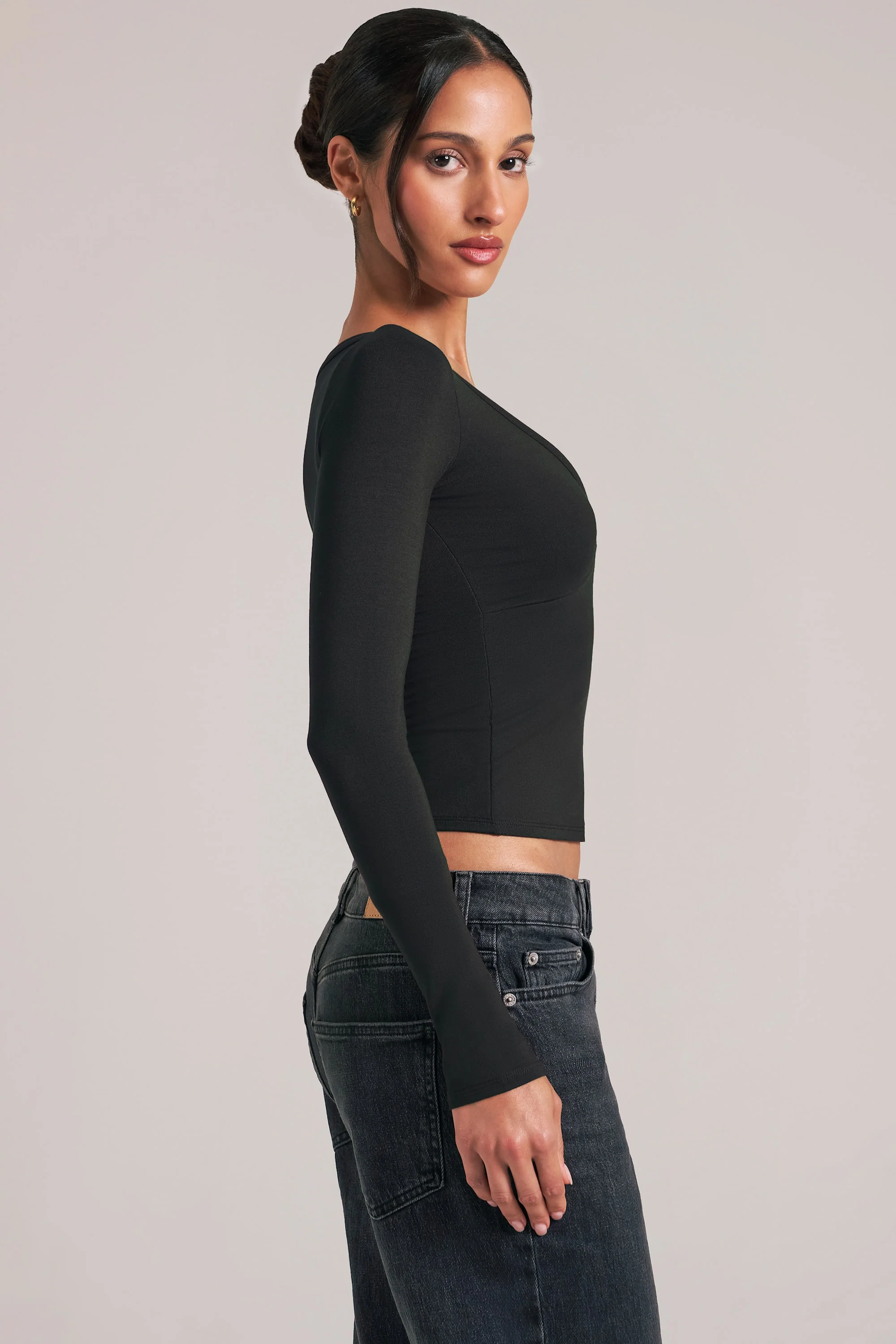 V-Neck Long-Sleeve Top  in Black - Image 3