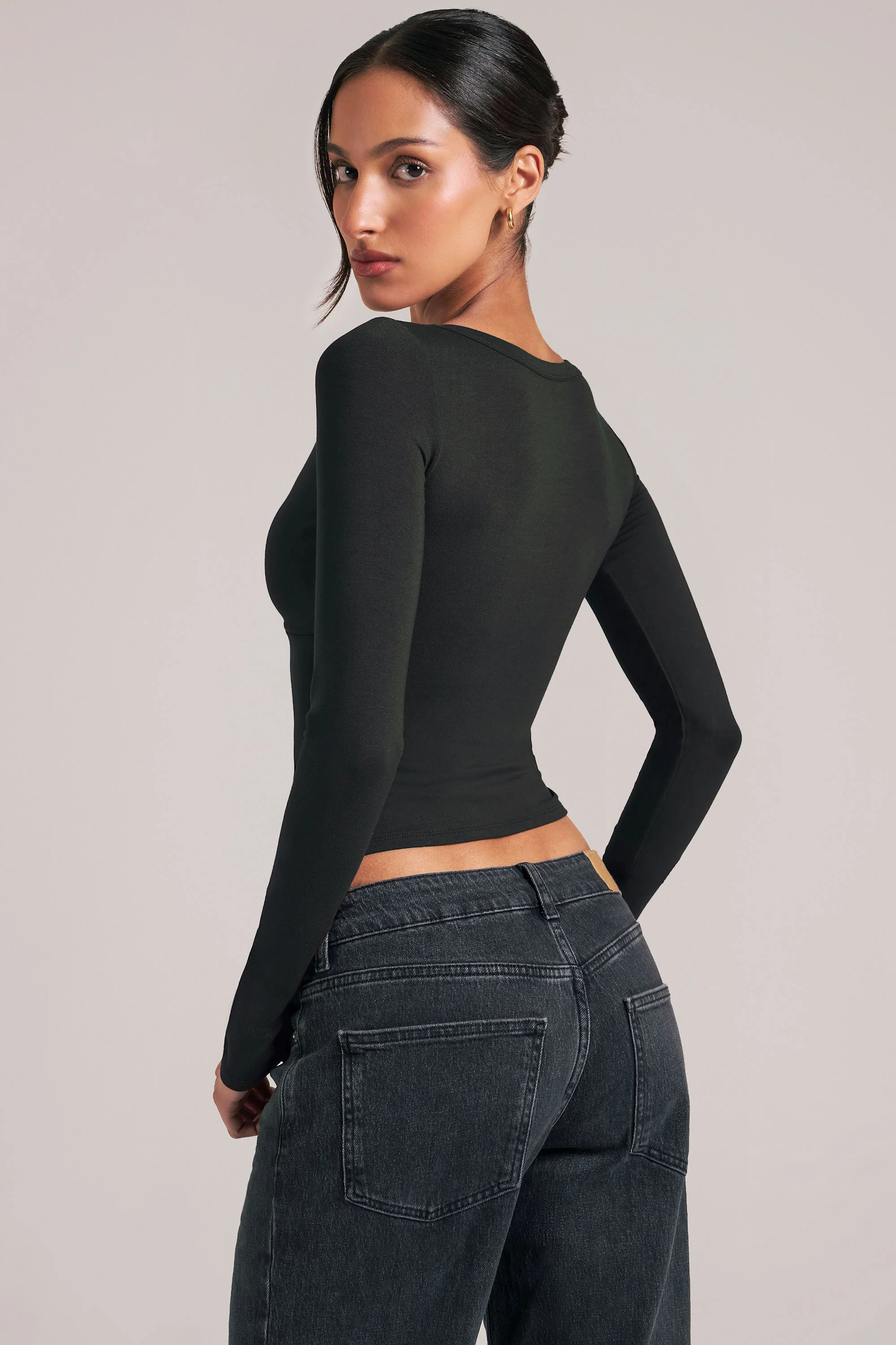 V-Neck Long-Sleeve Top  in Black - Image 5