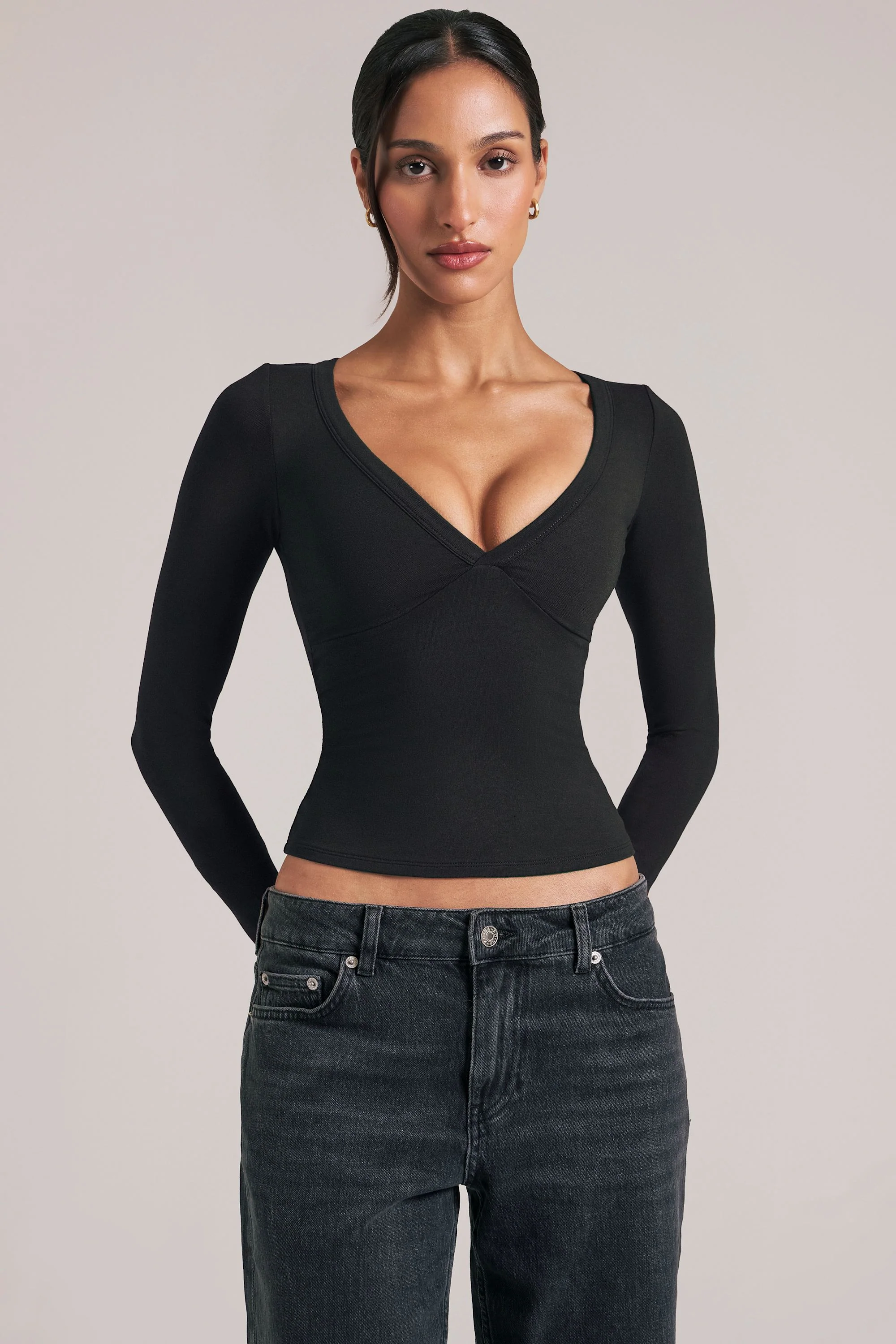 V-Neck Long-Sleeve Top  in Black - Image 6