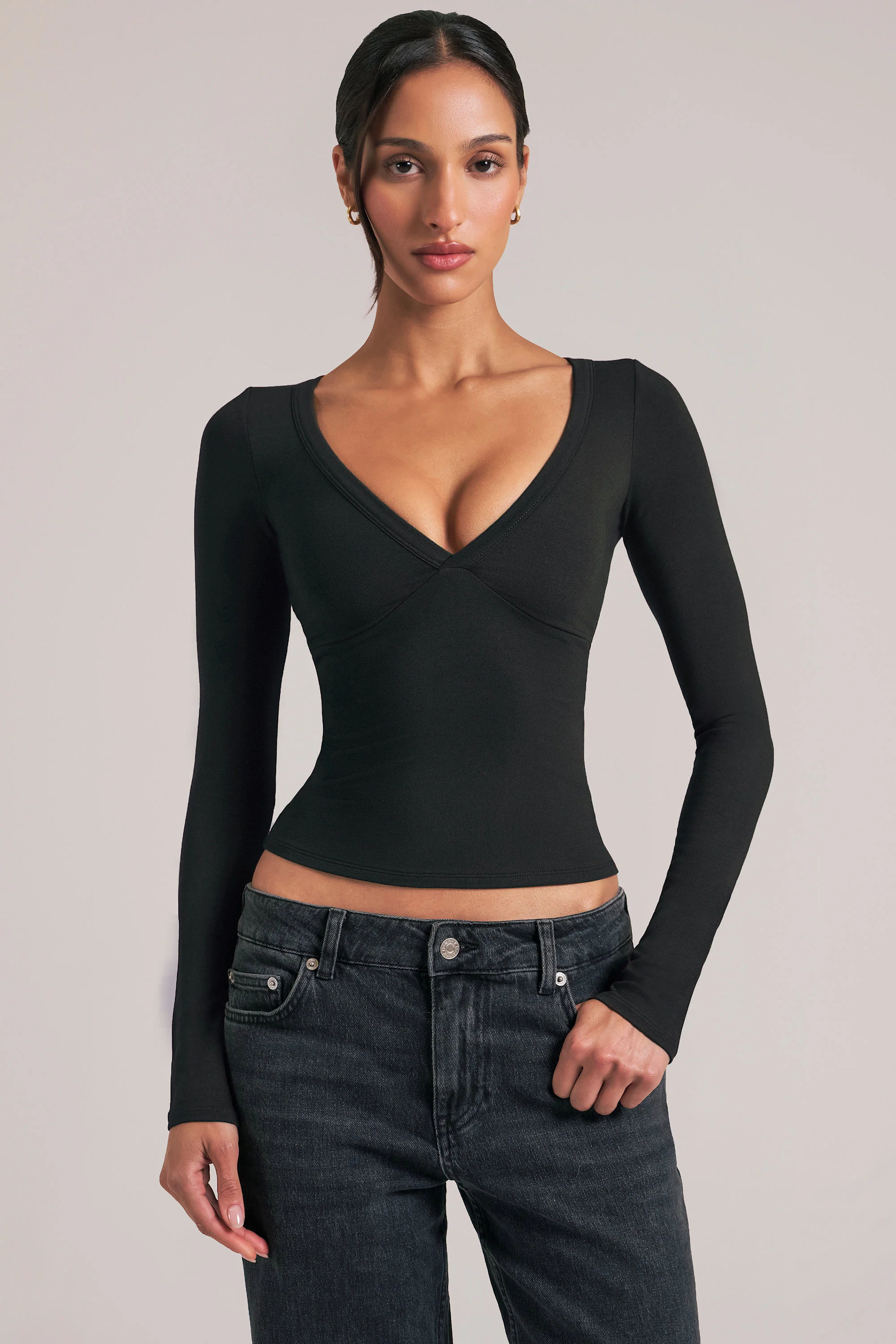 V-Neck Long-Sleeve Top  in Black - Image 8