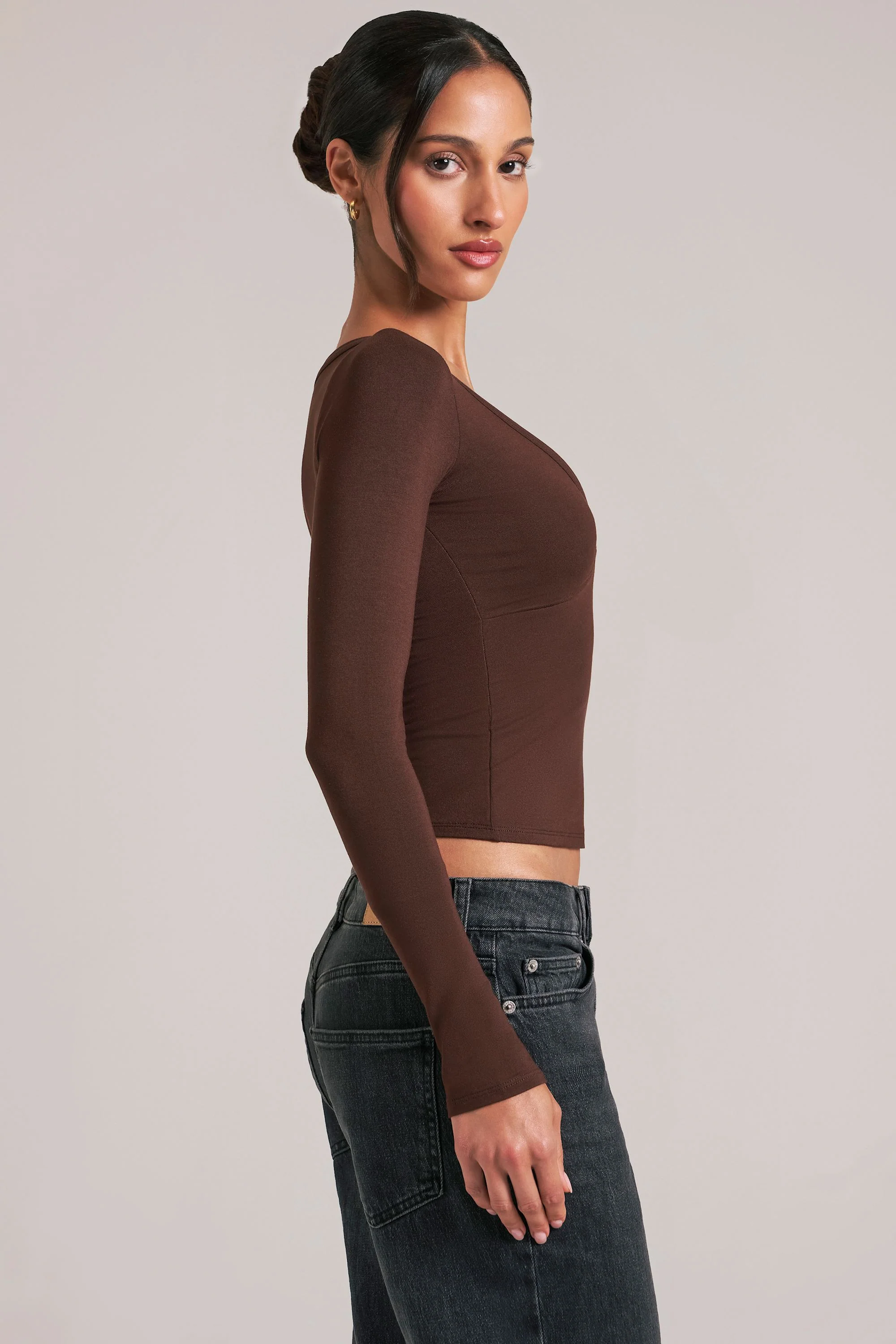 V-Neck Long-Sleeve Top  in Chocolate Brown - Image 3