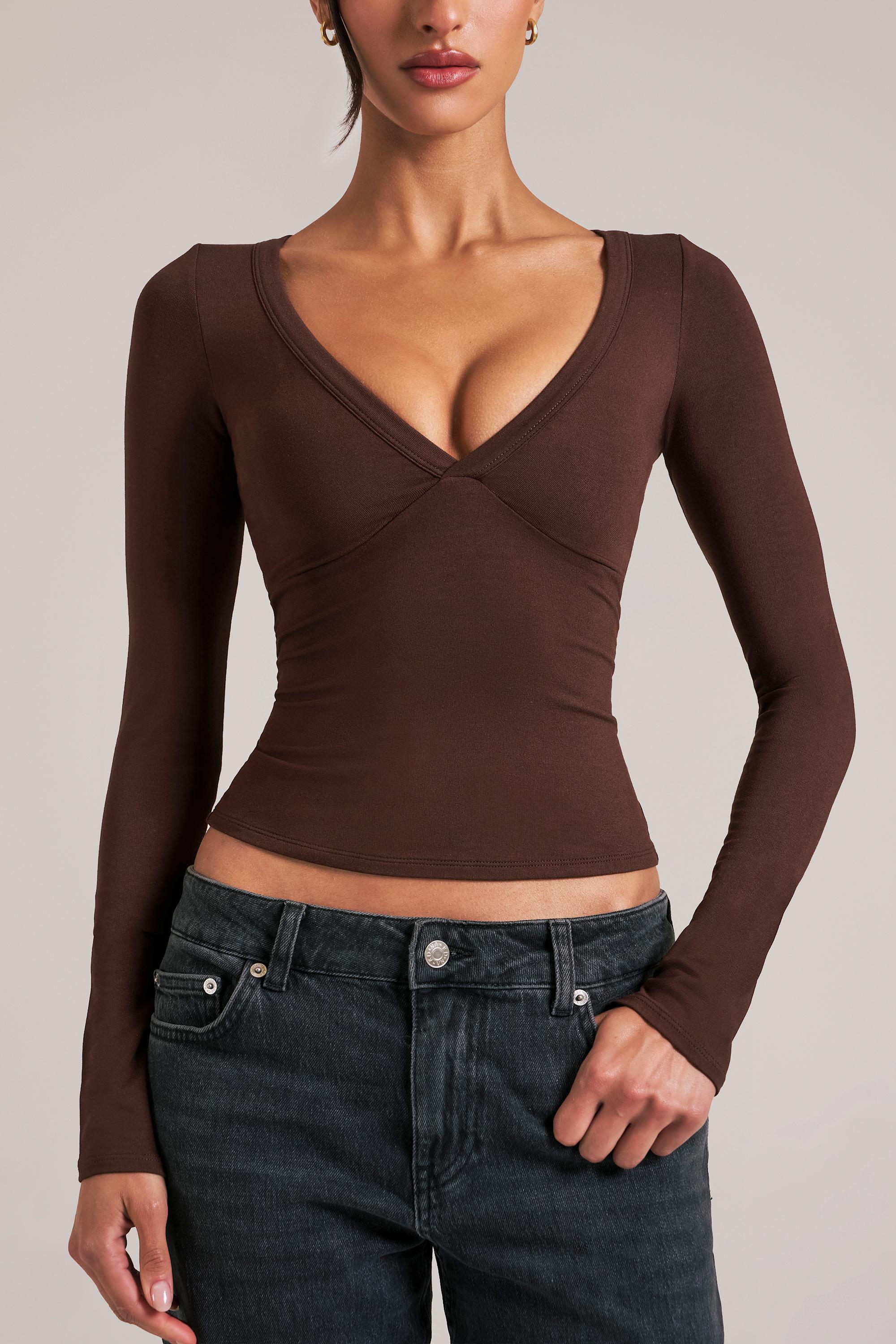 V-Neck Long-Sleeve Top  in Chocolate Brown - Image 4