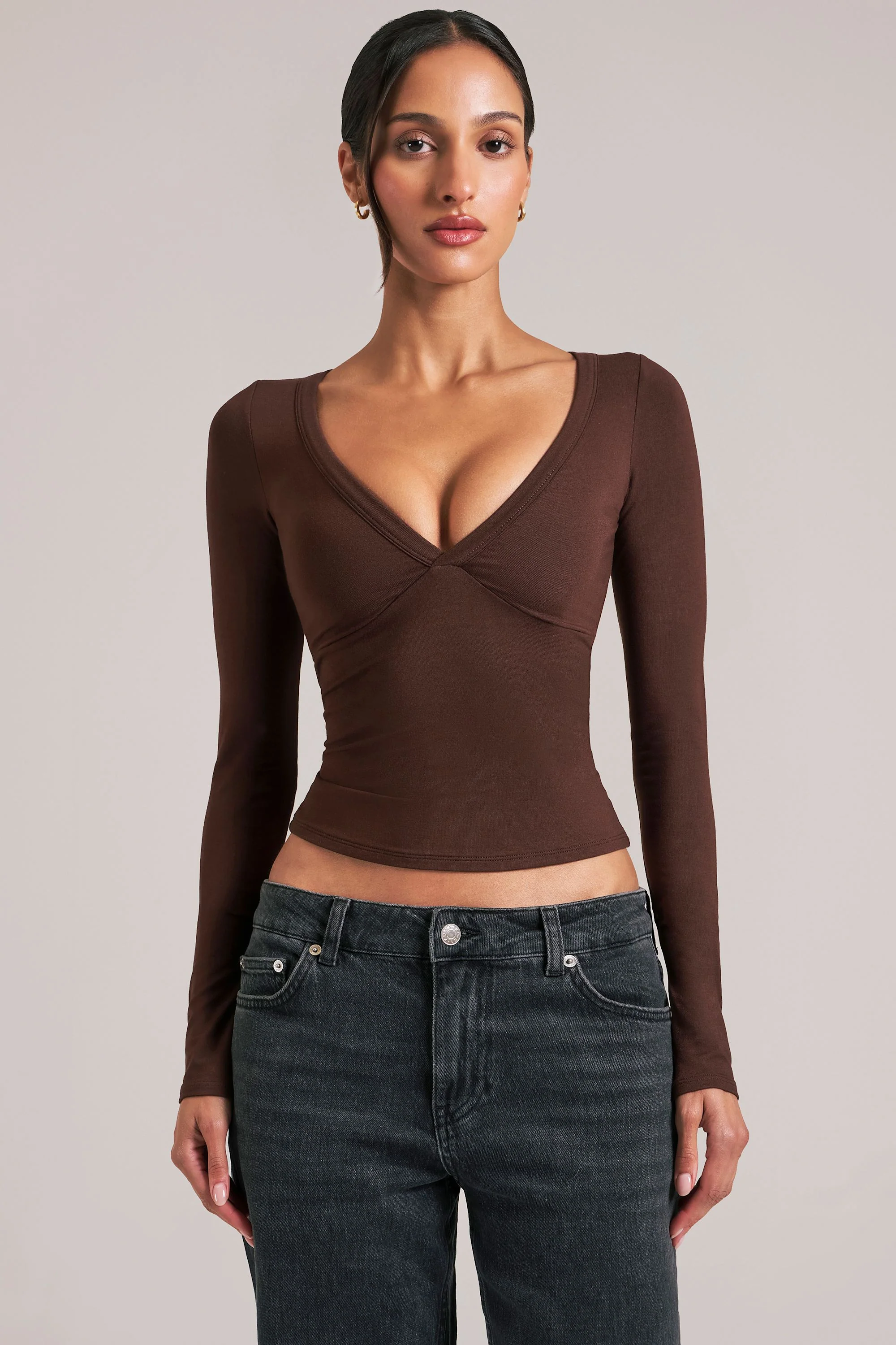 V-Neck Long-Sleeve Top  in Chocolate Brown - Image 6