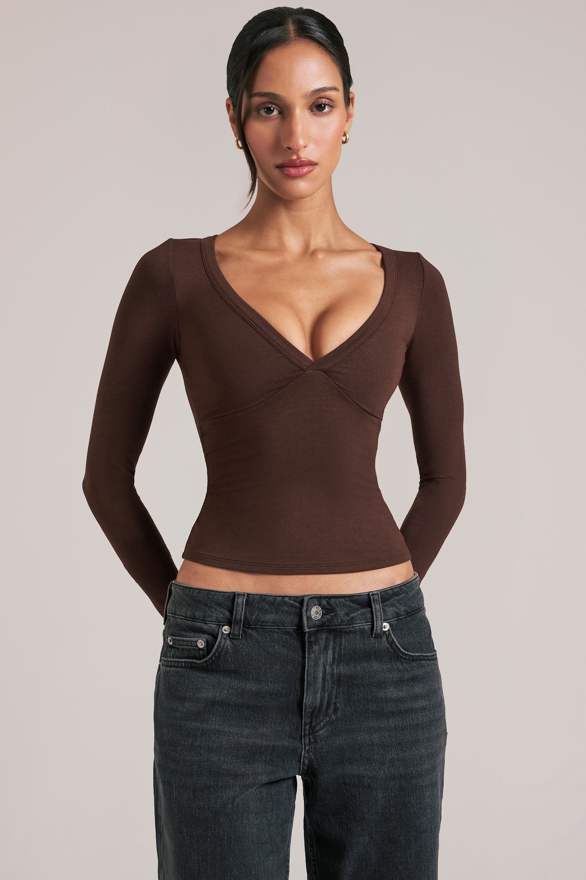 V-Neck Long-Sleeve Top  in Chocolate Brown - Image 7