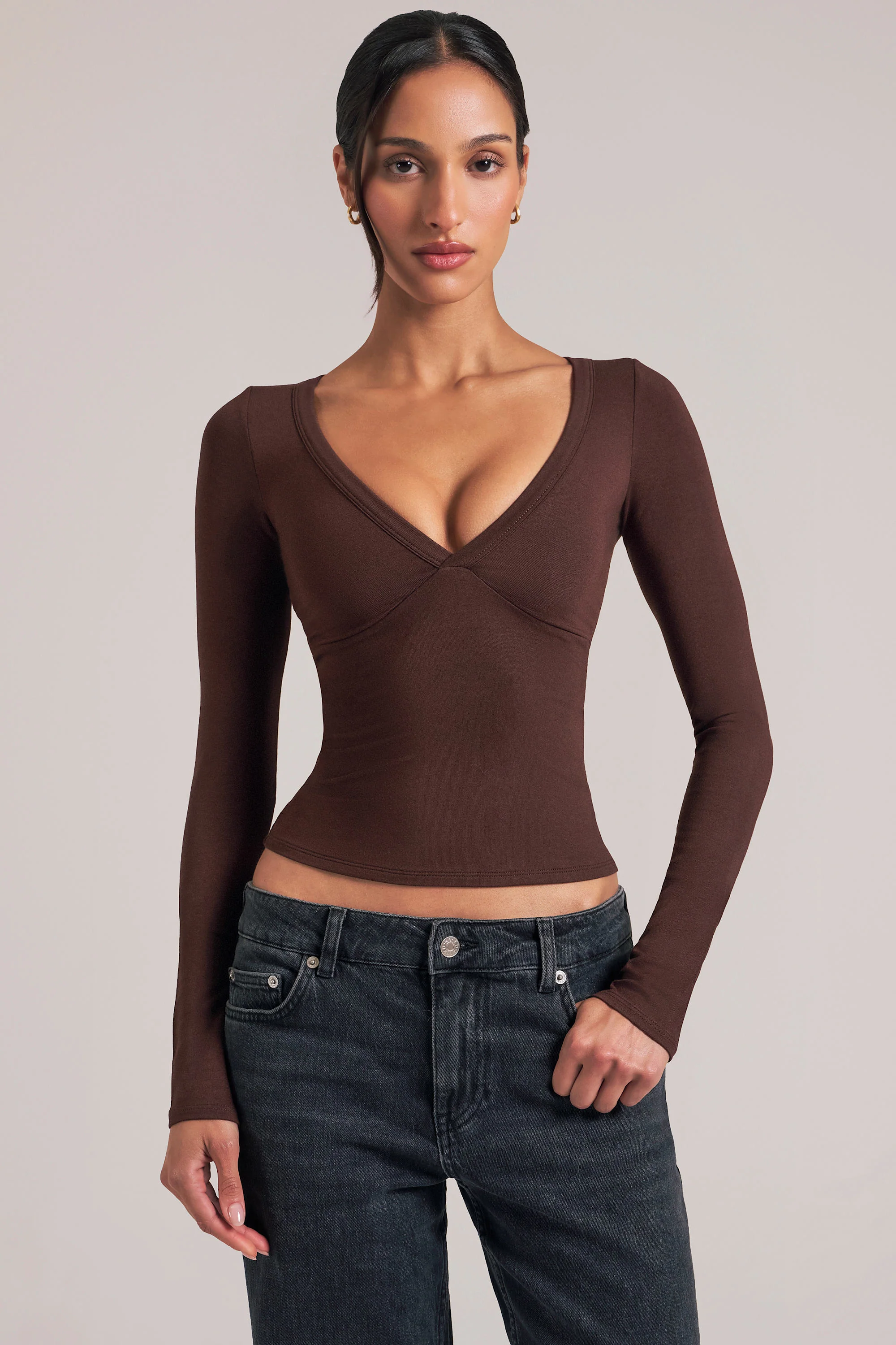 V-Neck Long-Sleeve Top  in Chocolate Brown - Image 8