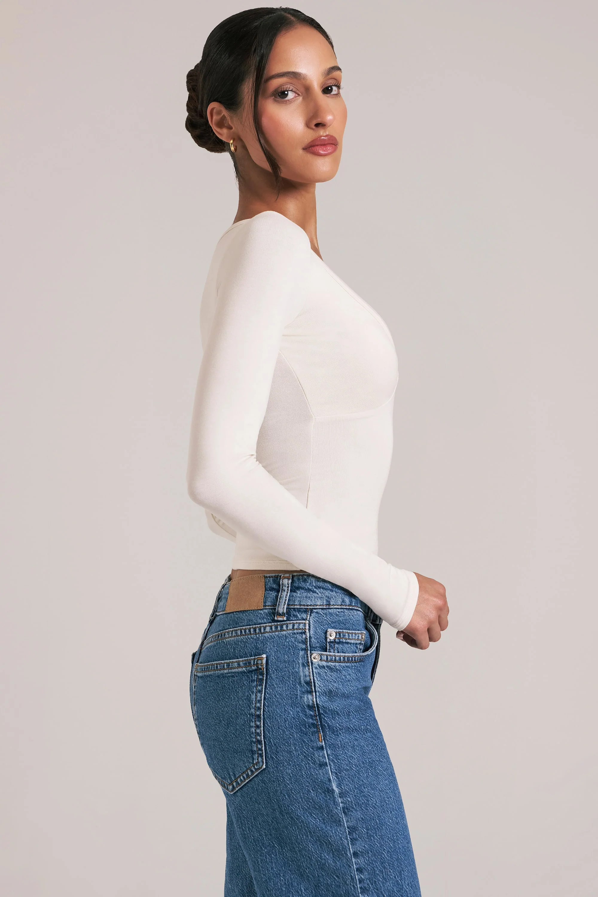 V-Neck Long-Sleeve Top  in Ivory - Image 3