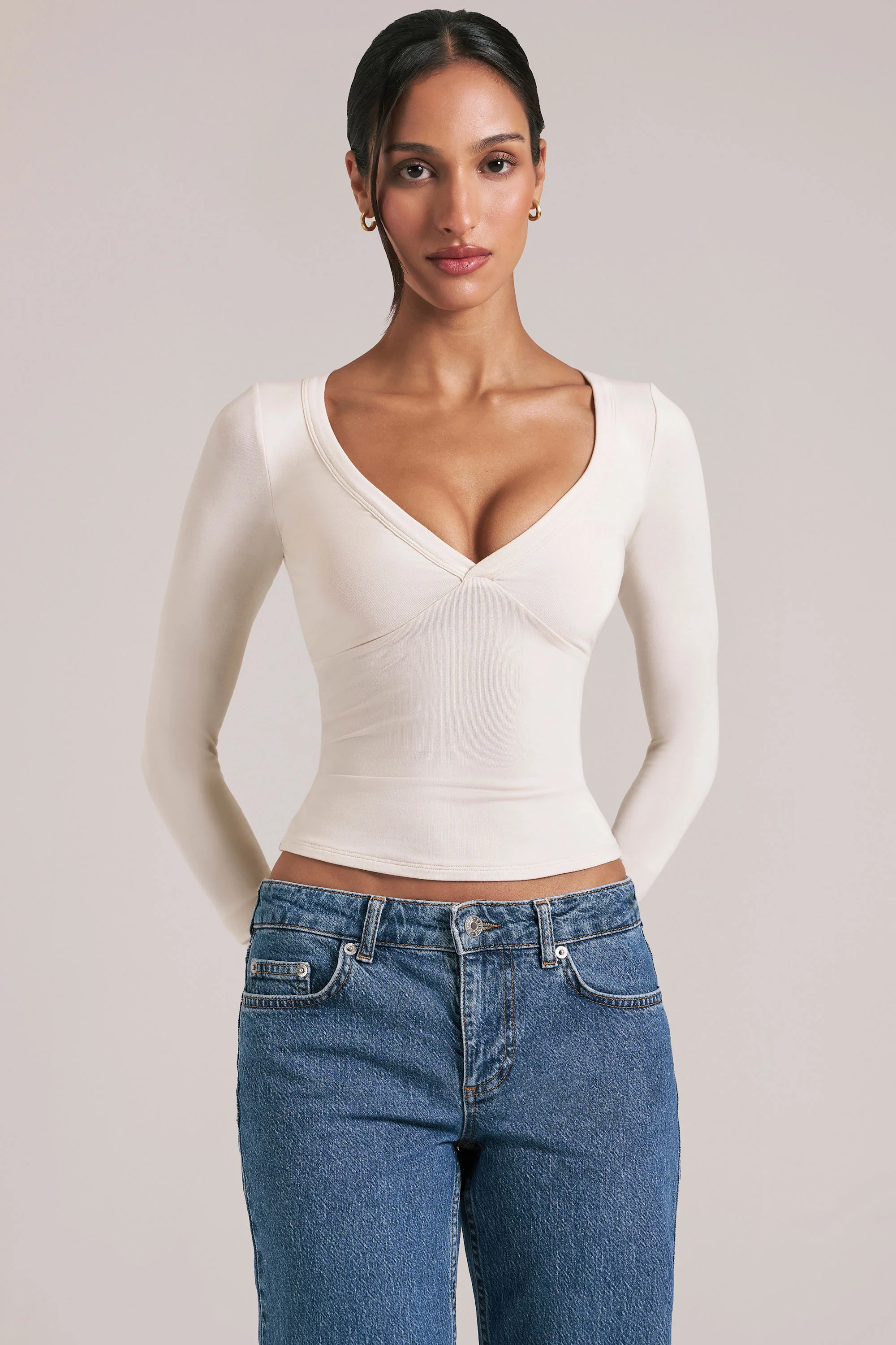 V-Neck Long-Sleeve Top  in Ivory - Image 6